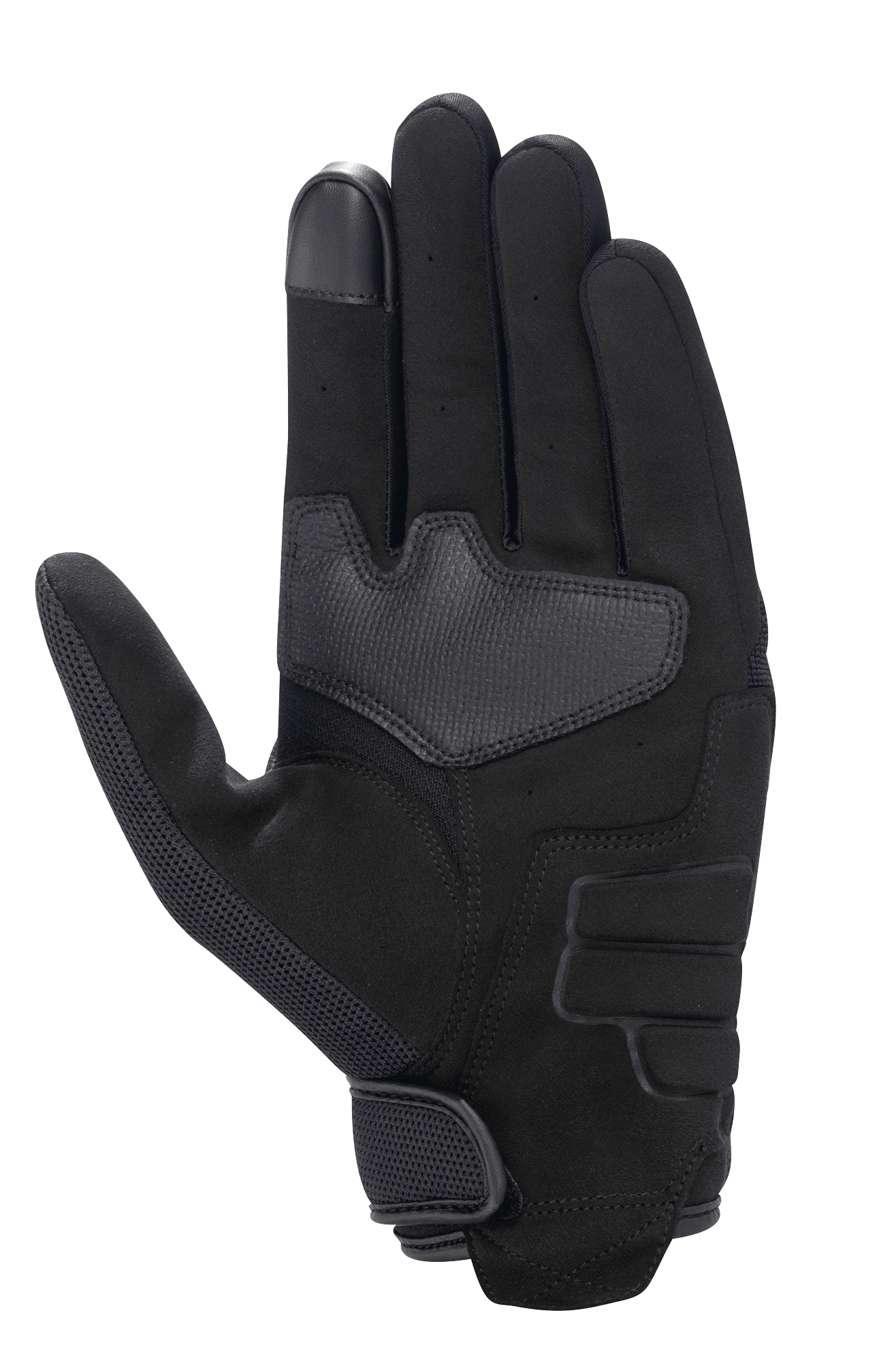 Alpinestars Honda Copper Glove, czarne, widok od strony dłoni miejskich rękawic motocyklowych, konstrukcja z syntetycznego zamszu, wzmocniony obszar dłoni, końcówka palca kompatybilna z ekranami dotykowymi, zapięcie na rzep na nadgarstku.