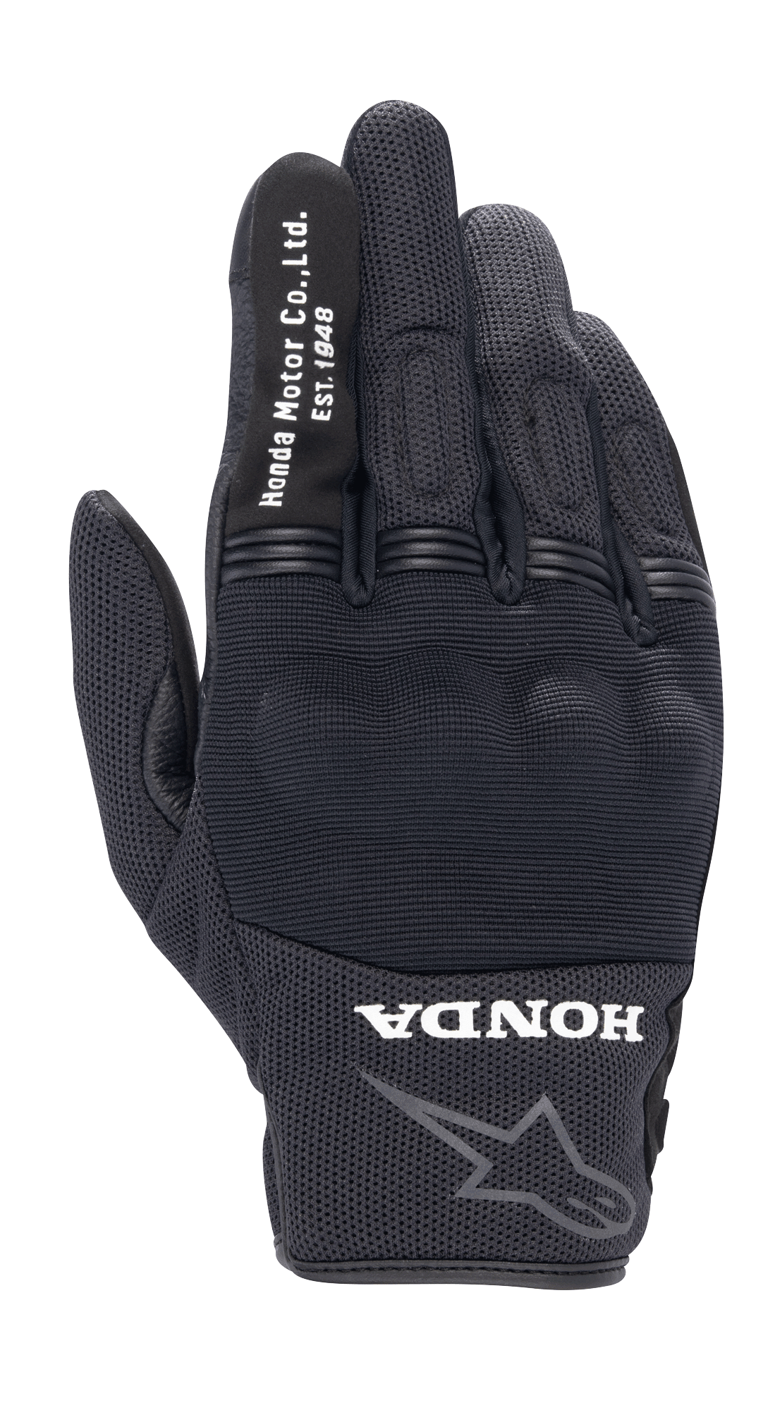 Alpinestars Honda Copper Glove, czarne miejskie rękawice motocyklowe, teksturowana konstrukcja mesh, biały napis „Honda Motor Co. Ltd. Est. 1948” na palcu wskazującym, logo „HONDA” i obrys gwiazdy Alpinestars na nadgarstku, twarda ochrona kostek, lekki sprzęt do jazdy szosowej