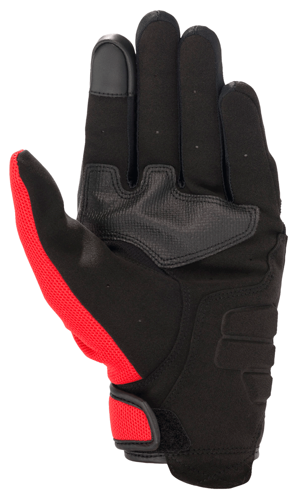 Alpinestars Honda Copper Glove, miejska rękawica motocyklowa, czarna z jaskrawoczerwonymi akcentami, widok dłoni przedstawiający syntetyczny zamsz, wzmocnienie na dłoni, opuszek palca kompatybilny z ekranem dotykowym i zapięcie na rzep