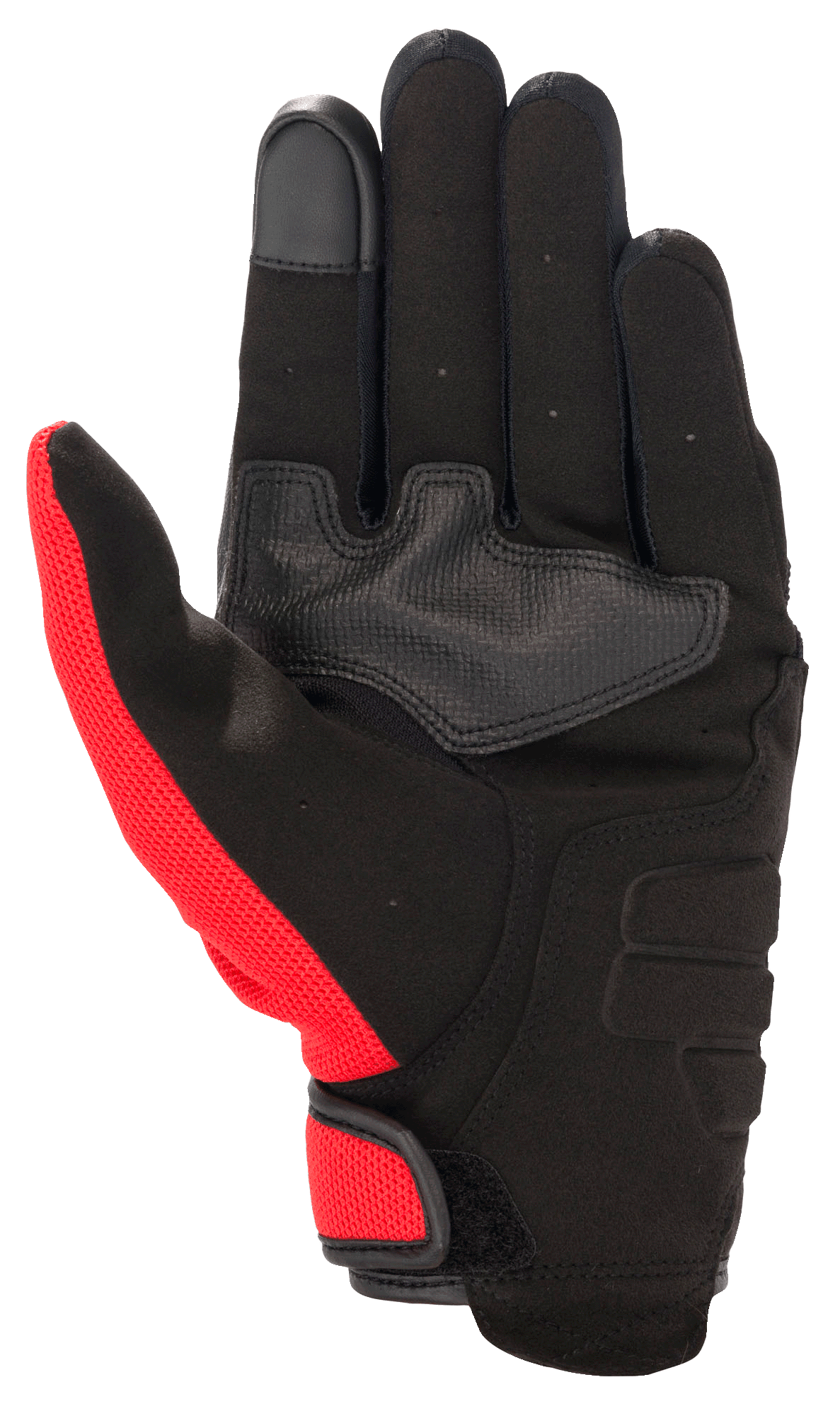 Alpinestars Honda Copper Glove, miejska rękawica motocyklowa, czarna z jaskrawoczerwonymi akcentami, widok dłoni przedstawiający syntetyczny zamsz, wzmocnienie na dłoni, opuszek palca kompatybilny z ekranem dotykowym i zapięcie na rzep