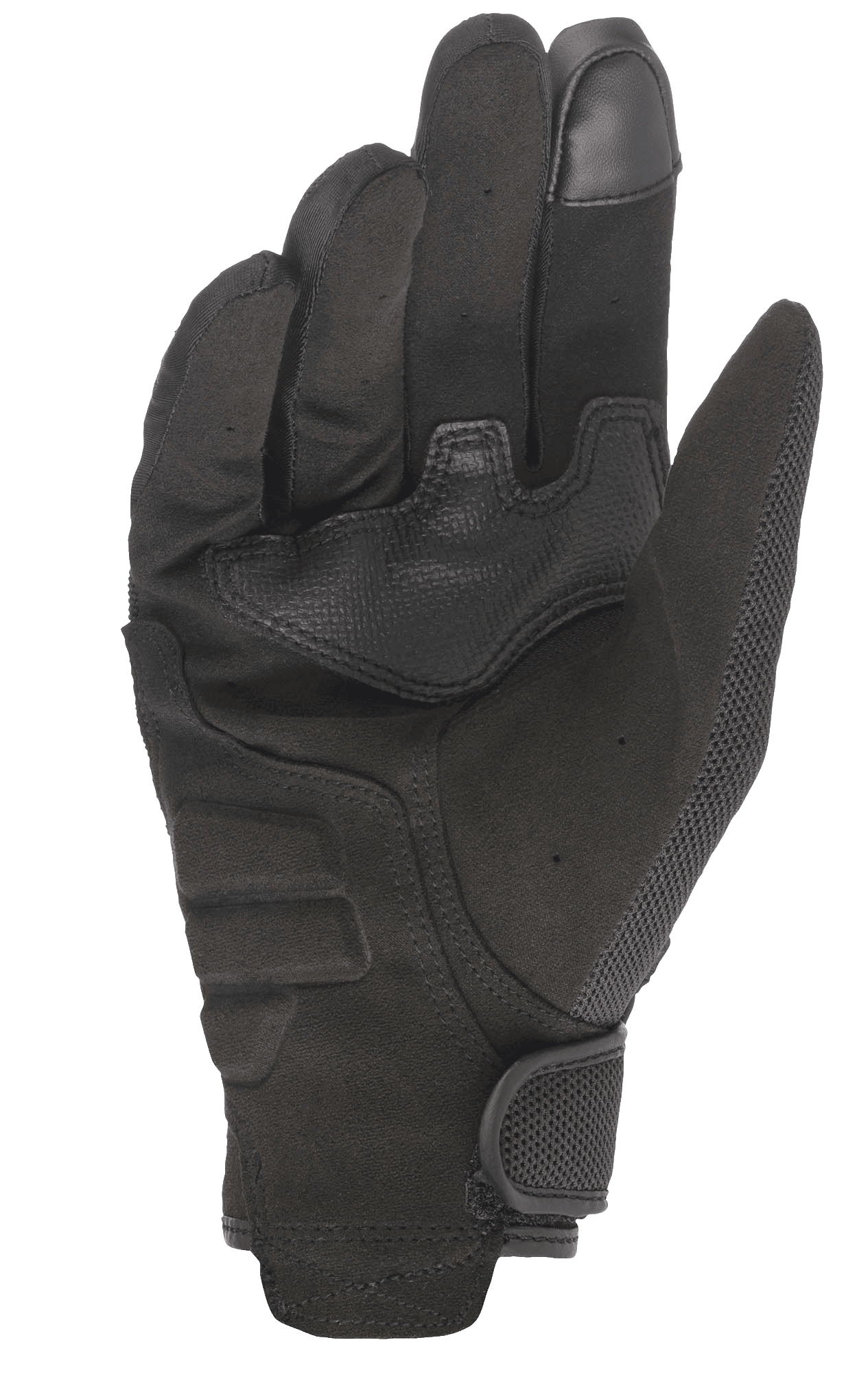 Alpinestars Copper Gloves, miejskie rękawice motocyklowe, czarne, widok od strony dłoni prezentujący konstrukcję z syntetycznego zamszu, wzmocnioną wyściółkę dłoni, palec wskazujący kompatybilny z ekranami dotykowymi oraz detale z siatki i zapięcie na rzep na nadgarstku.