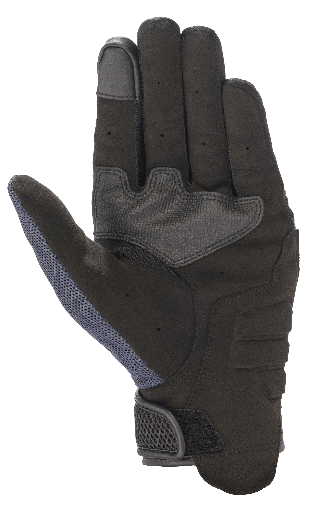 Alpinestars Copper Gloves, rękawice motocyklowe, Mood Indigo, widok dłoni, konstrukcja z syntetycznego zamszu, wzmocniona wyściółka, końcówka palca kompatybilna z ekranem dotykowym, siatkowy panel na kciuku, lekka ochrona miejska