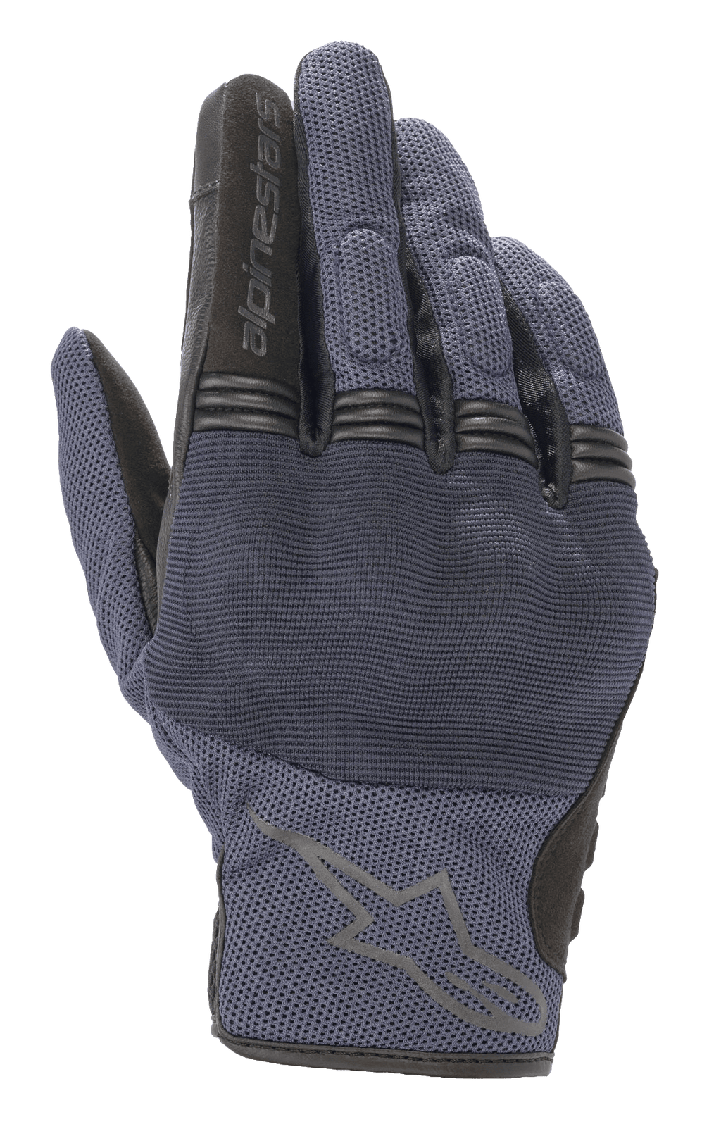 Alpinestars Copper Gloves, miejskie rękawice motocyklowe, niebieskie w odcieniu Mood Indigo z czarnymi akcentami, tekstylna konstrukcja mesh, z twardym ochraniaczem kostek i harmonijkowymi panelami na palcach, logo Alpinestars na wierzchu dłoni