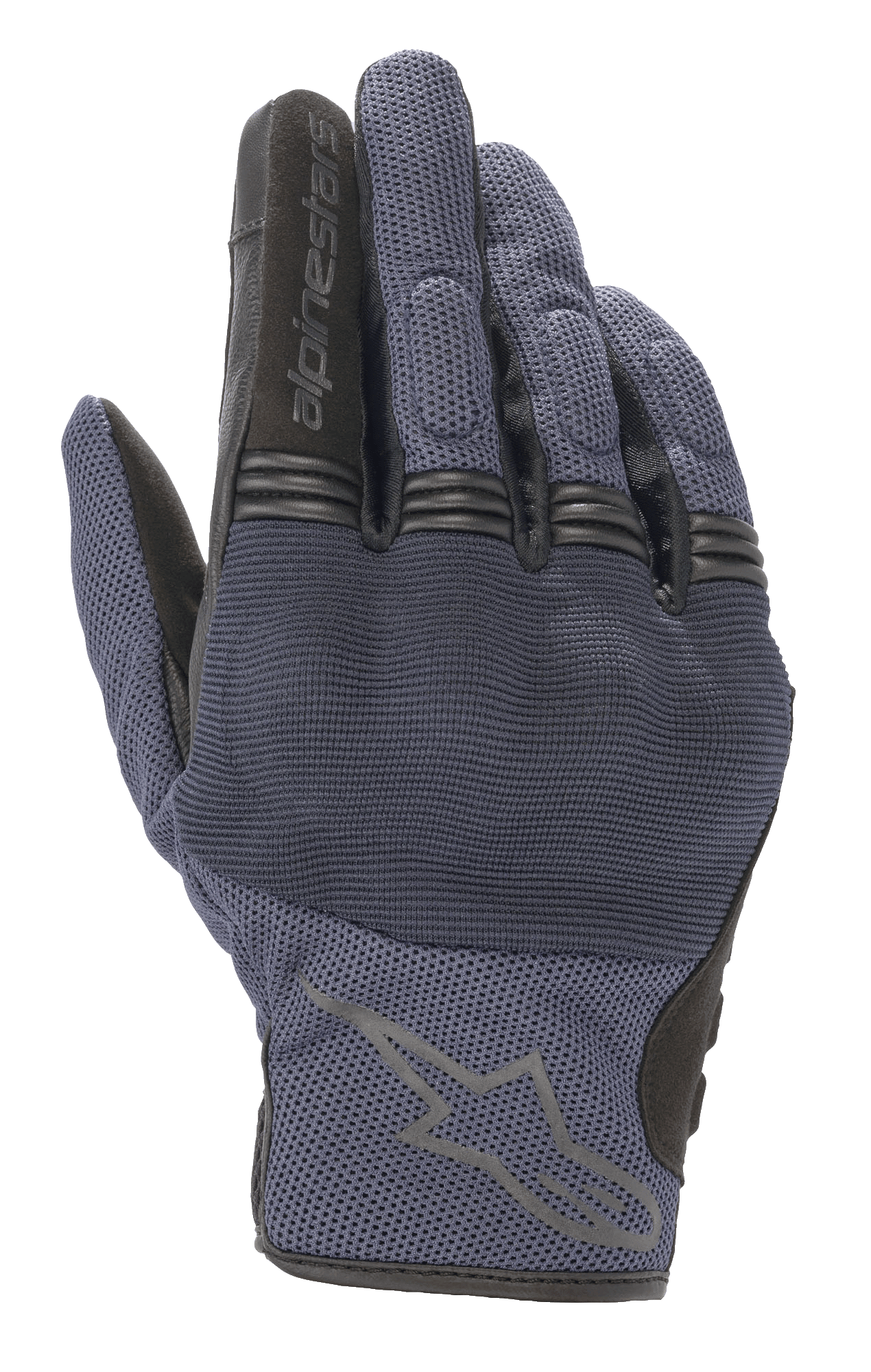 Alpinestars Copper Gloves, miejskie rękawice motocyklowe, niebieskie w odcieniu Mood Indigo z czarnymi akcentami, tekstylna konstrukcja mesh, z twardym ochraniaczem kostek i harmonijkowymi panelami na palcach, logo Alpinestars na wierzchu dłoni
