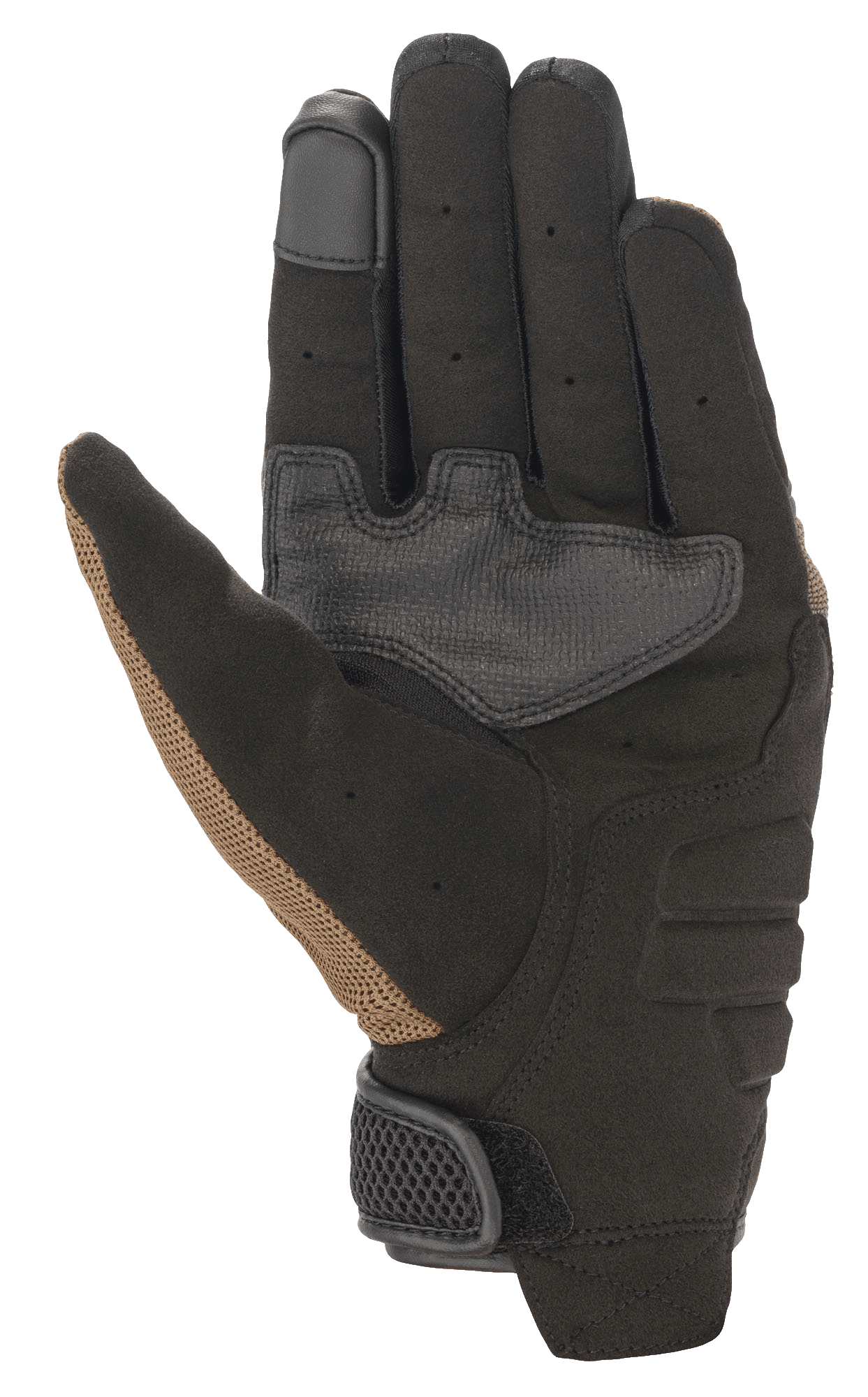 Alpinestars Copper Gloves, miejskie rękawice motocyklowe, brązowo-czarne, widok dłoni z konstrukcją z syntetycznego zamszu, wzmocnione panele chwytne, opuszka palca kompatybilna z ekranami dotykowymi i perforowane detale na palcach