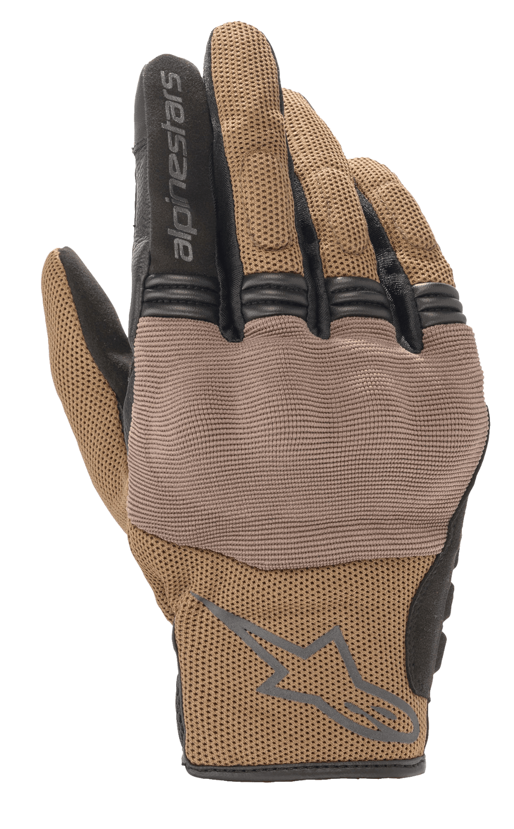 Alpinestars Copper Gloves, miejskie rękawice motocyklowe, brązowe i czarne, oddychająca konstrukcja z siateczki mesh, teksturowany panel na kostkach, krótki mankiet z logo i napisem Alpinestars