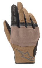 Alpinestars Copper Gloves, miejskie rękawice motocyklowe, brązowe i czarne, oddychająca konstrukcja z siateczki mesh, teksturowany panel na kostkach, krótki mankiet z logo i napisem Alpinestars