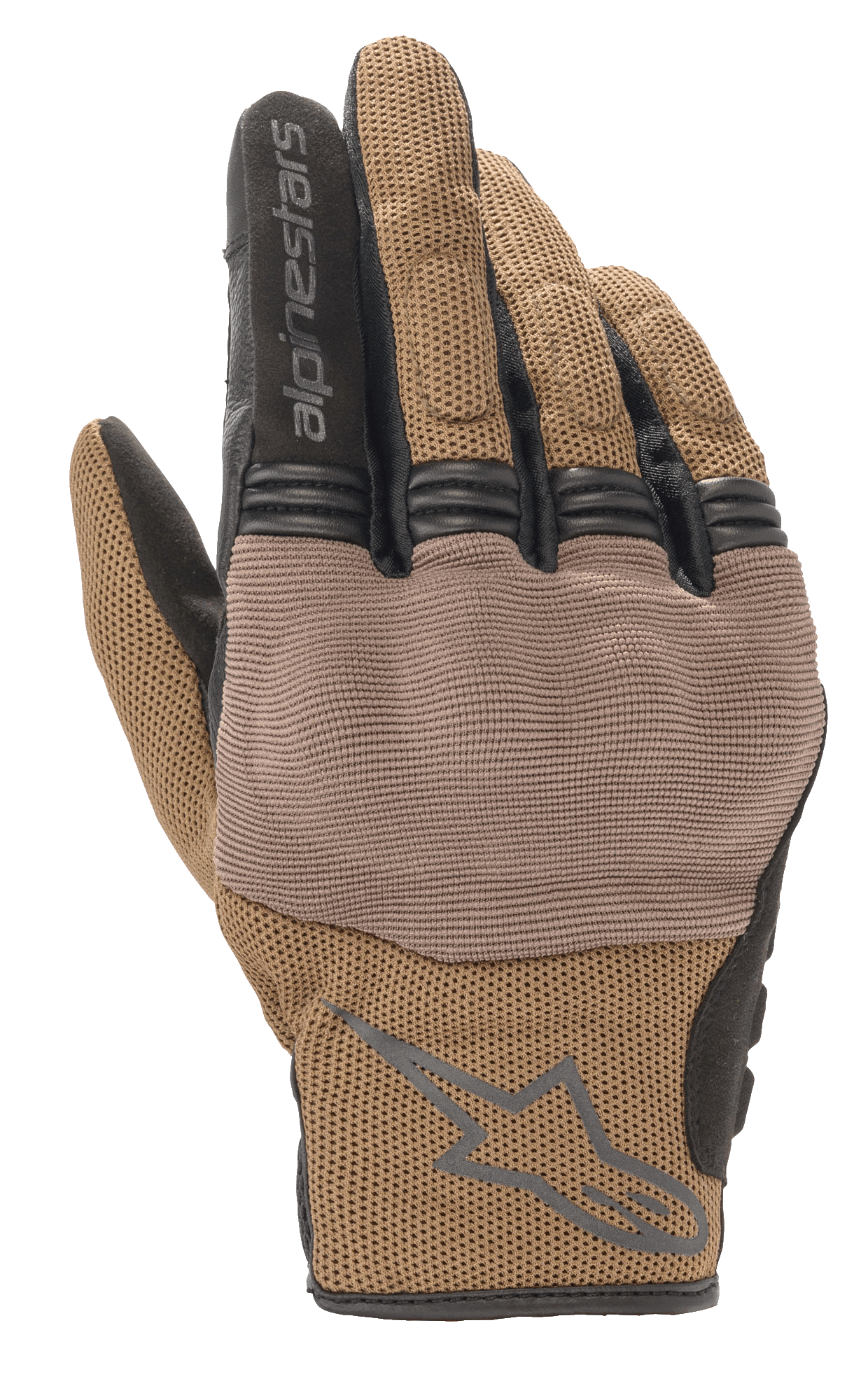 Alpinestars Copper Gloves, miejskie rękawice motocyklowe, brązowe i czarne, oddychająca konstrukcja z siateczki mesh, teksturowany panel na kostkach, krótki mankiet z logo i napisem Alpinestars