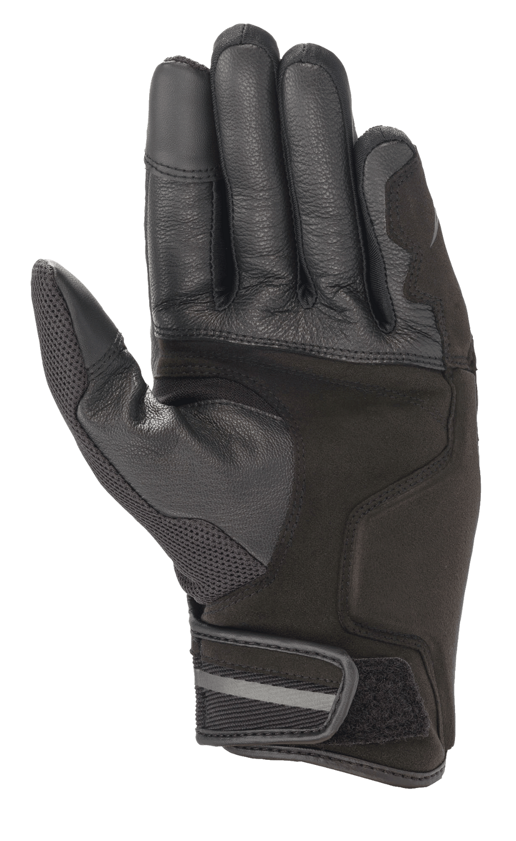 Rękawice Alpinestars Chrome, rękawice motocyklowe, kolorystyka Black Forest, widok od strony dłoni, wzmocniona konstrukcja ze skóry i syntetycznego zamszu, siatkowy panel na kciuku, krótki mankiet z regulowanym zapięciem na rzep i odblaskowym detalem.