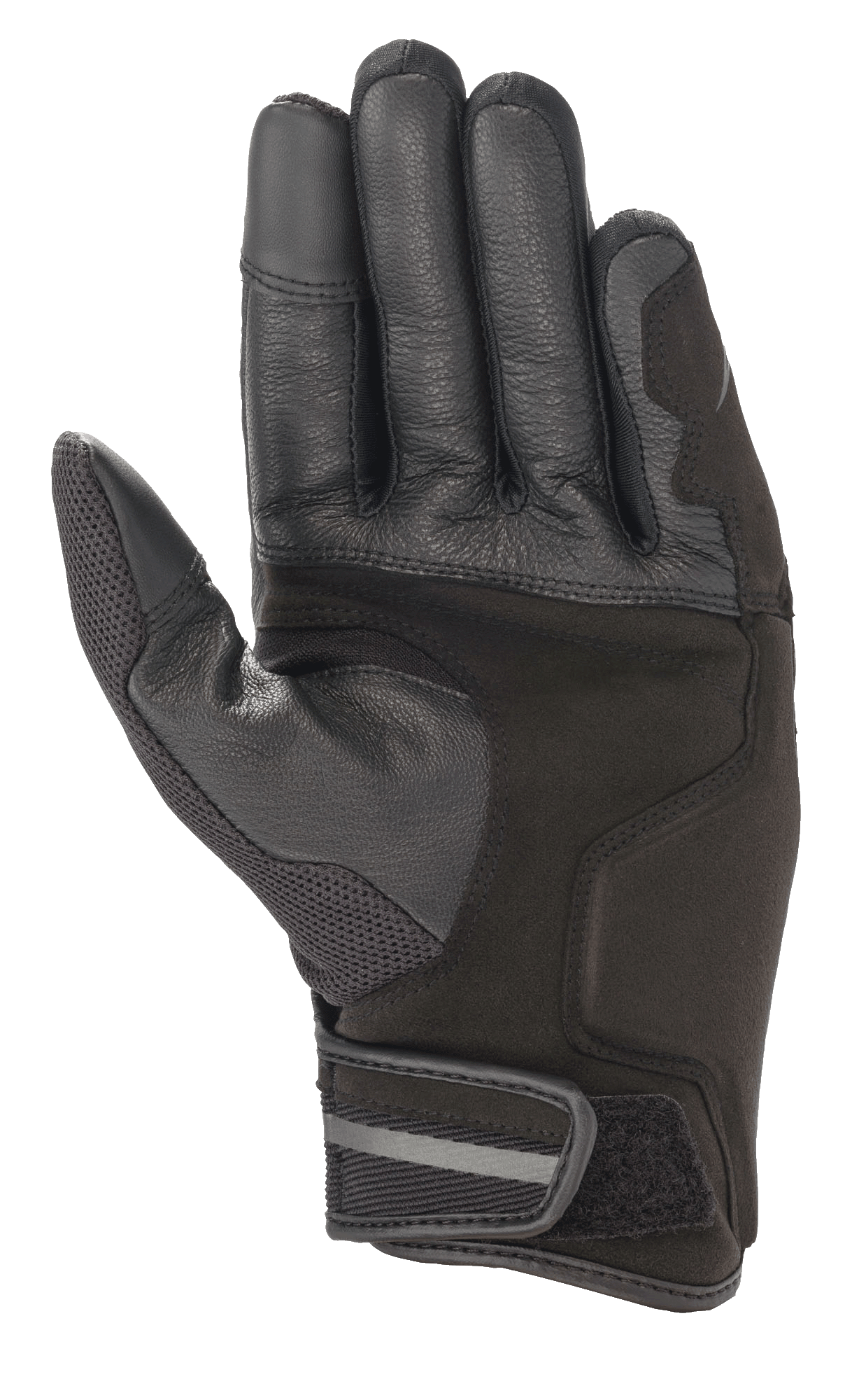 Rękawice Alpinestars Chrome, rękawice motocyklowe, kolorystyka Black Forest, widok od strony dłoni, wzmocniona konstrukcja ze skóry i syntetycznego zamszu, siatkowy panel na kciuku, krótki mankiet z regulowanym zapięciem na rzep i odblaskowym detalem.
