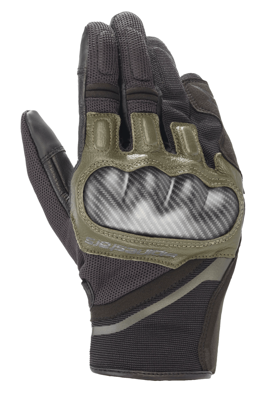 Alpinestars Chrome Gloves, rękawice motocyklowe, czarno-zielone (Forest Green), z twardym ochraniaczem kostek o wyglądzie włókna węglowego, oliwkowozielonymi skórzanymi akcentami i wytrzymałą wielopanelową konstrukcją tekstylną