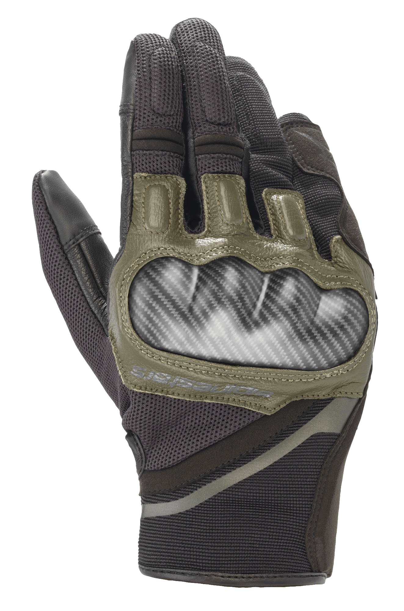 Alpinestars Chrome Gloves, rękawice motocyklowe, czarno-zielone (Forest Green), z twardym ochraniaczem kostek o wyglądzie włókna węglowego, oliwkowozielonymi skórzanymi akcentami i wytrzymałą wielopanelową konstrukcją tekstylną