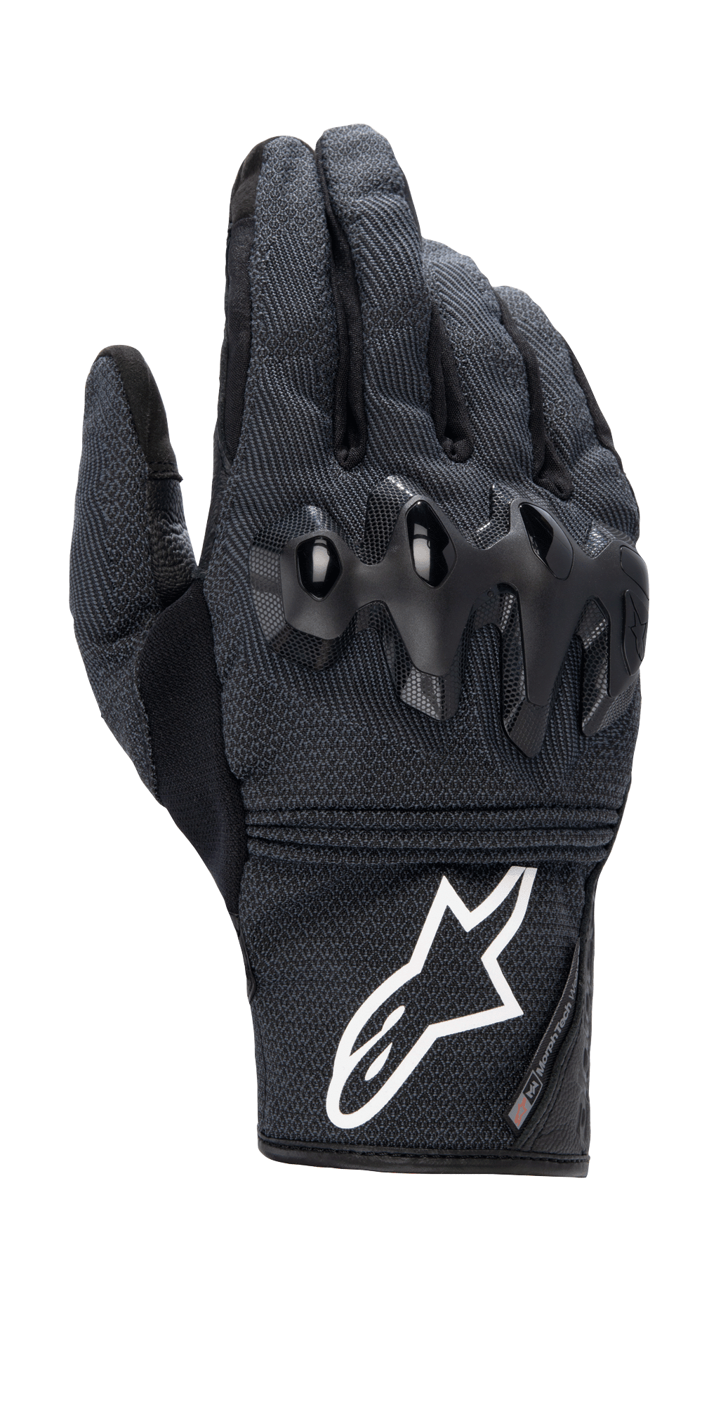 Rękawice Alpinestars Morph Street, czarne krótkie rękawice motocyklowe, teksturowana tkanina MorphTech Weave z błyszczącym czarnym ochraniaczem kostek, wyraźne białe logo na mankiecie, miejski sprzęt motocyklowy