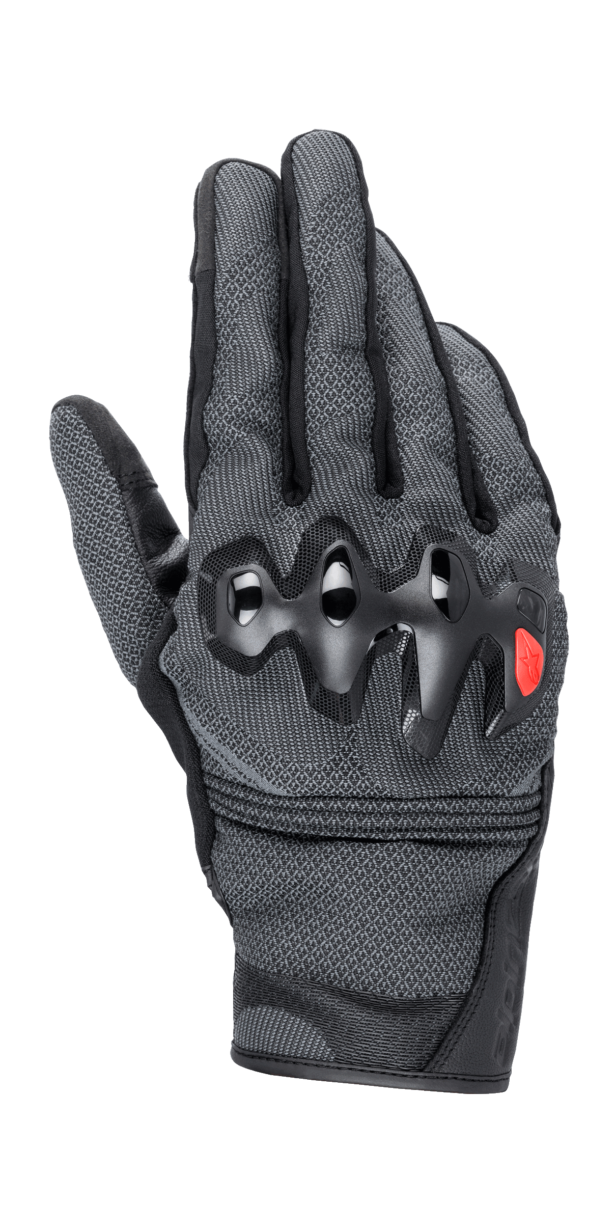 Alpinestars Morph Street Gloves, miejskie rękawice motocyklowe, szaro-czarne, twarde ochraniacze kłykci z czerwonym logo, teksturowana konstrukcja MorphTech Weave, krótki mankiet