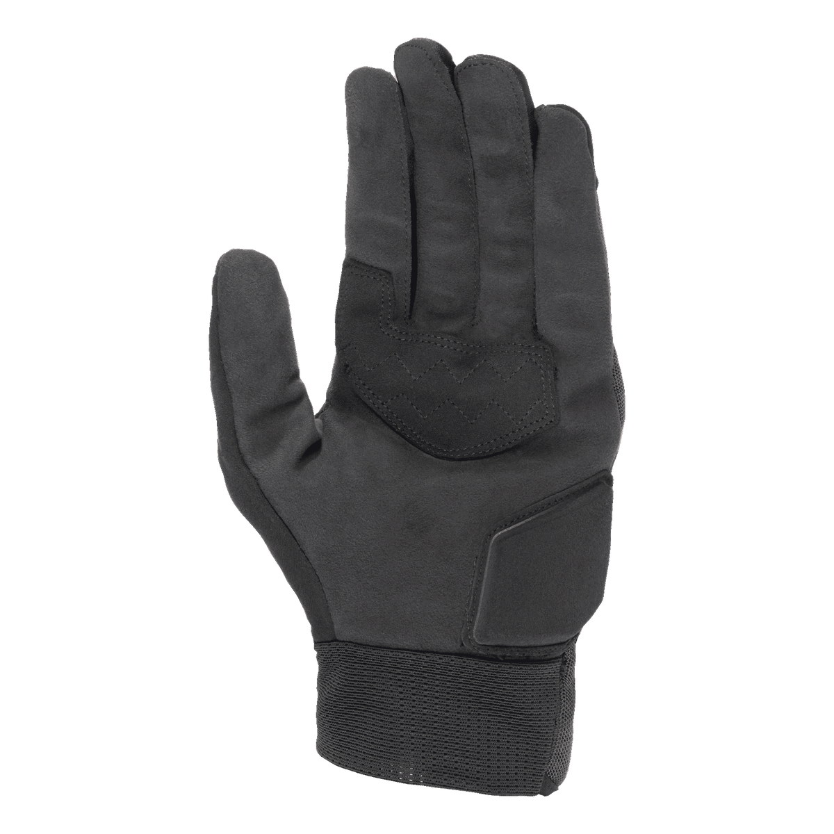Alpinestars Stated Air Gloves, czarne, widok wnętrza dłoni, miękka tekstura syntetycznego zamszu, wzmocnienia z zygzakowatymi szwami dla lepszego chwytu, wyściełana ochrona nasady dłoni, żebrowany elastyczny mankiet