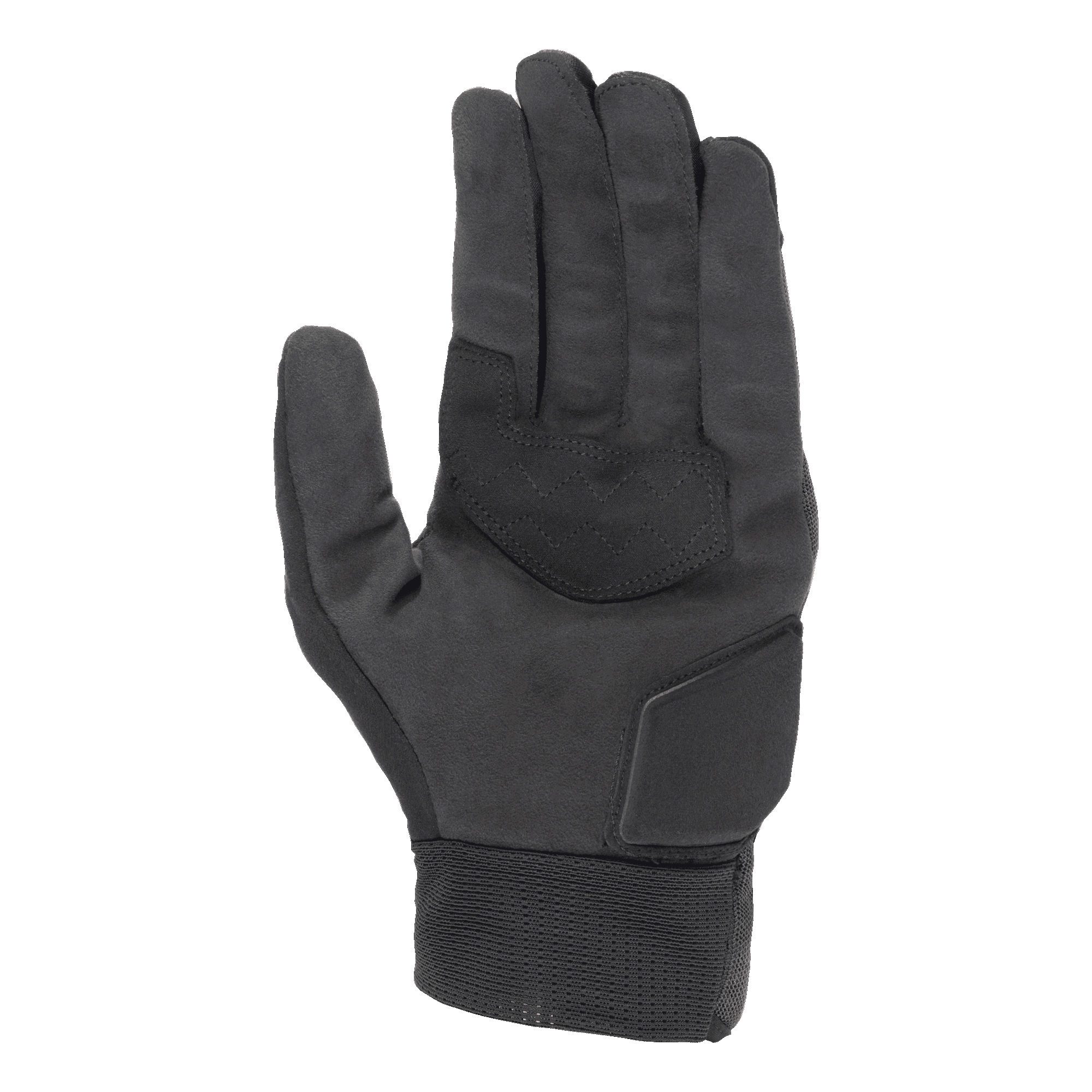 Alpinestars Stated Air Gloves, czarne, widok wnętrza dłoni, miękka tekstura syntetycznego zamszu, wzmocnienia z zygzakowatymi szwami dla lepszego chwytu, wyściełana ochrona nasady dłoni, żebrowany elastyczny mankiet
