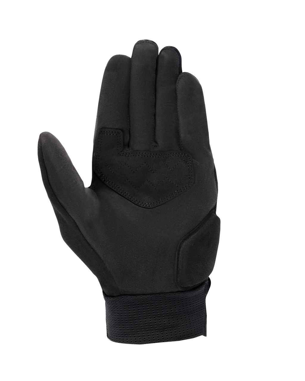 Alpinestars Stated Air Gloves, rękawice motocyklowe, czarne, widok dłoni, konstrukcja z syntetycznego zamszu, wzmocniona wstawka z zygzakowatym szwem i prążkowany elastyczny mankiet, miejska letnia odzież motocyklowa