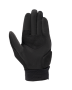 Alpinestars Stated Air Gloves, rękawice motocyklowe, czarne, widok dłoni, konstrukcja z syntetycznego zamszu, wzmocniona wstawka z zygzakowatym szwem i prążkowany elastyczny mankiet, miejska letnia odzież motocyklowa