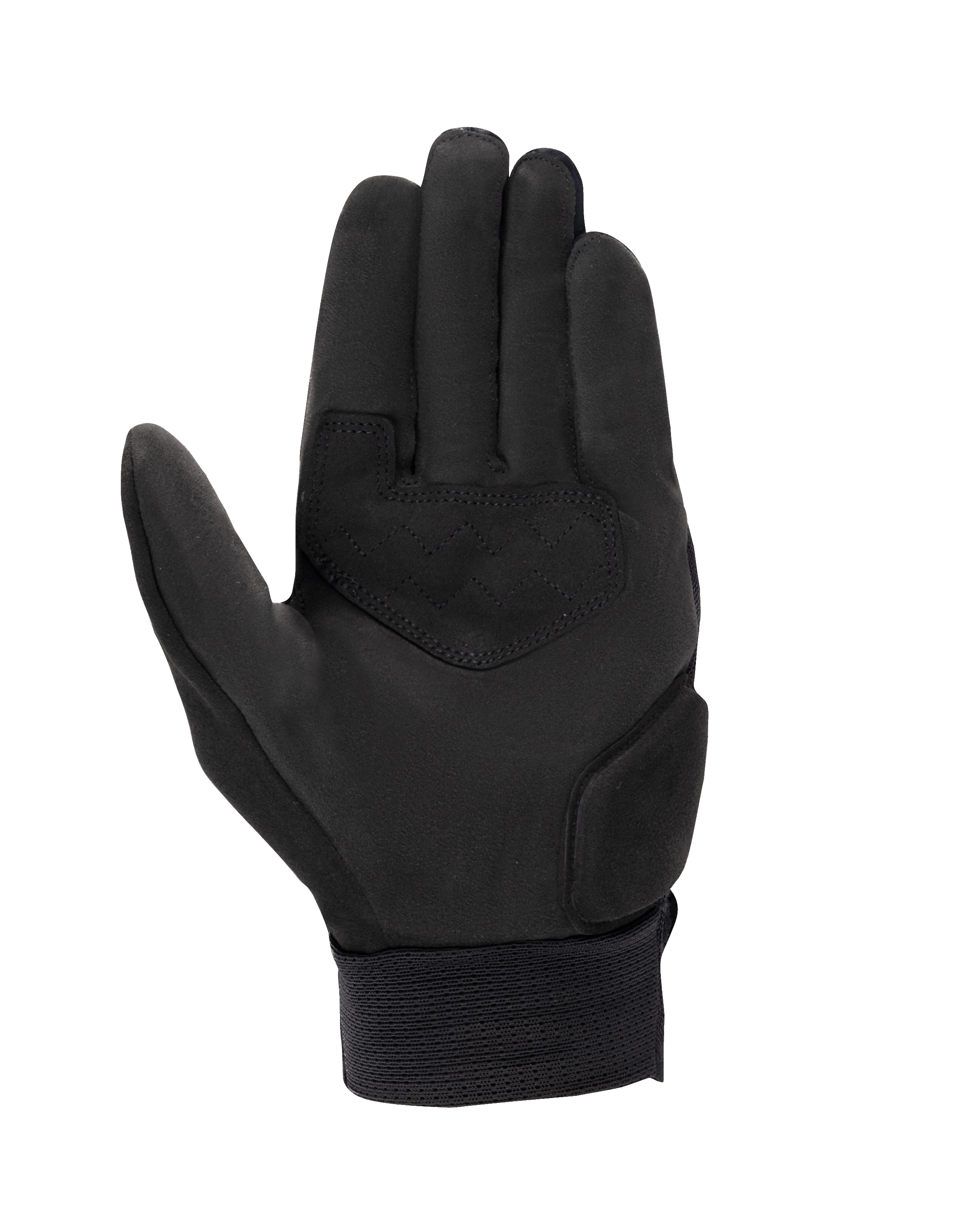 Alpinestars Stated Air Gloves, rękawice motocyklowe, czarne, widok dłoni, konstrukcja z syntetycznego zamszu, wzmocniona wstawka z zygzakowatym szwem i prążkowany elastyczny mankiet, miejska letnia odzież motocyklowa