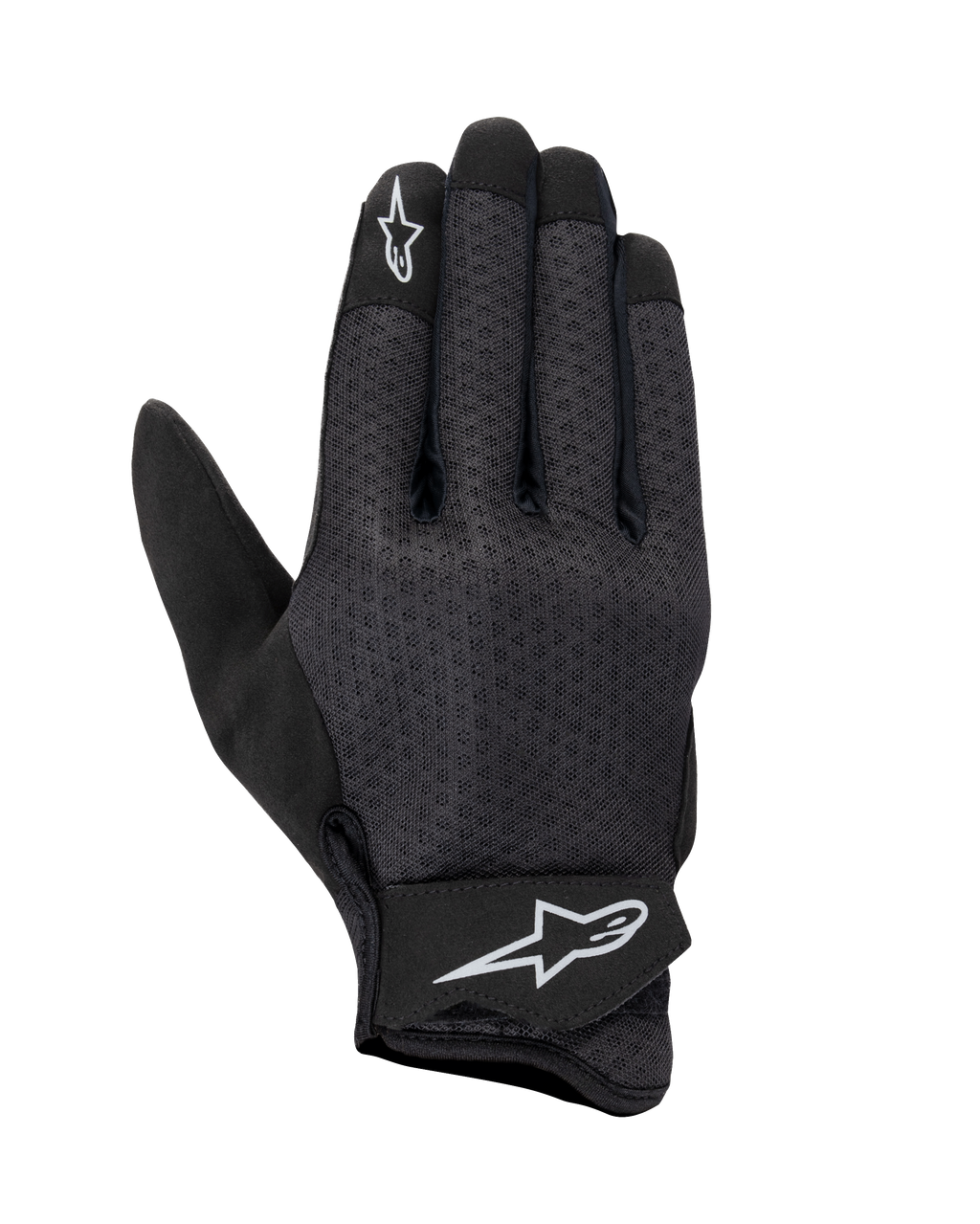 Rękawice Alpinestars Stated Air, rękawice motocyklowe, czarne, siatkowy wierzch dłoni zapewniający maksymalną wentylację, białe logo gwiazdy na palcu wskazującym i pasku na nadgarstku, regulowane zapięcie na rzep, lekki materiał syntetyczny, opływowy miejski design