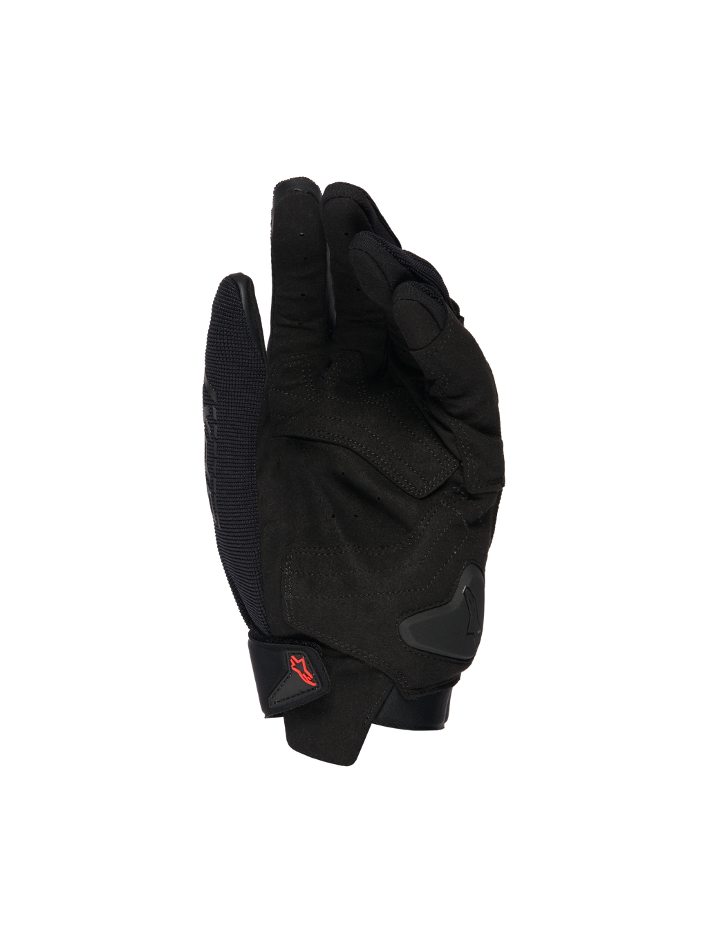 Alpinestars SP X 1 Gloves, czarne rękawice motocyklowe, widok dłoni ukazujący nakładki ze skóry syntetycznej, wzmocnione strefy uderzenia, ślizgacz dłoni TPR, krótkie zapięcie mankietu z czerwonym logo, sportowa ochrona motocyklowa