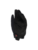 Alpinestars SP X 1 Gloves, czarne rękawice motocyklowe, widok dłoni ukazujący nakładki ze skóry syntetycznej, wzmocnione strefy uderzenia, ślizgacz dłoni TPR, krótkie zapięcie mankietu z czerwonym logo, sportowa ochrona motocyklowa