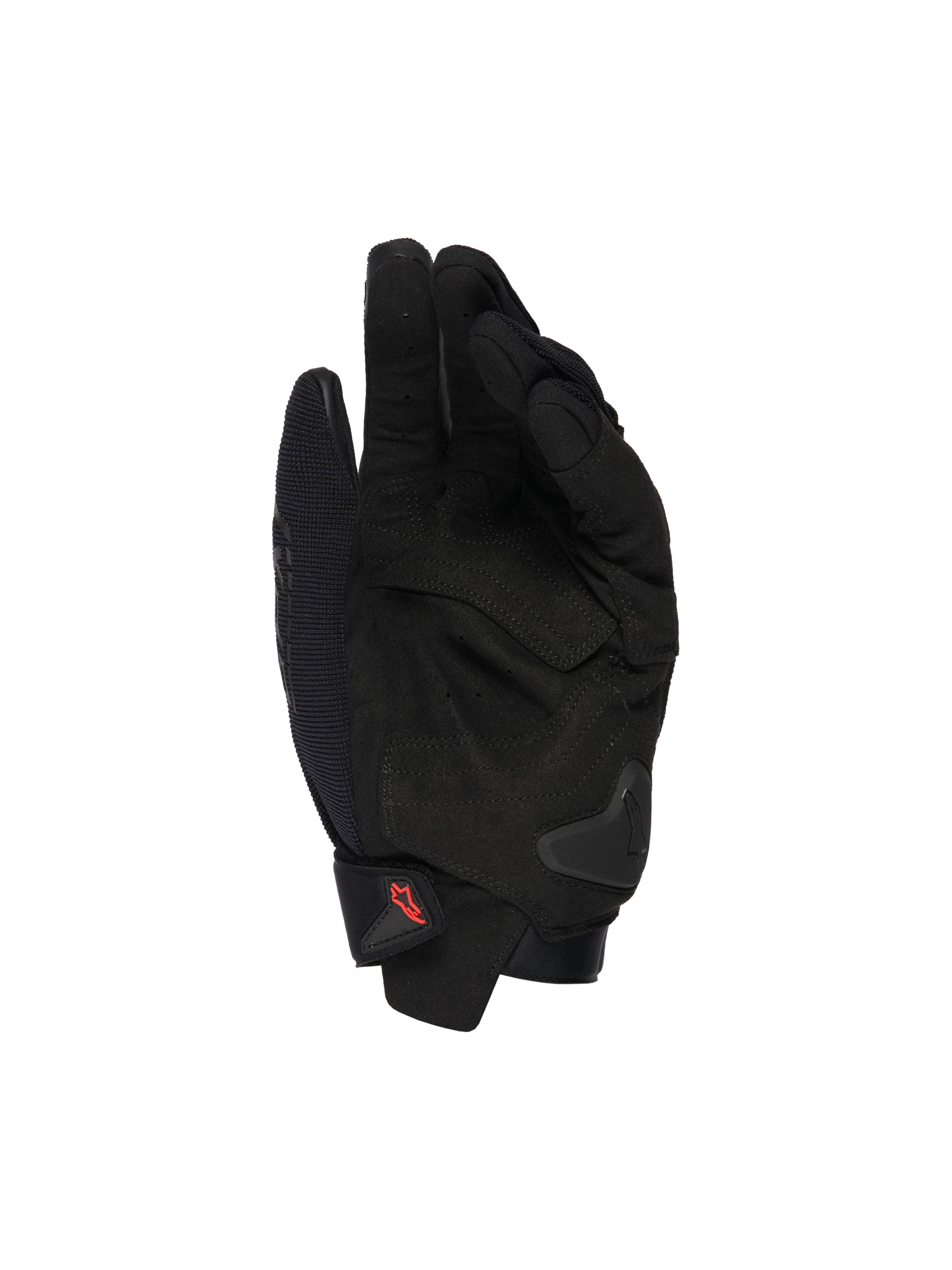 Alpinestars SP X 1 Gloves, czarne rękawice motocyklowe, widok dłoni ukazujący nakładki ze skóry syntetycznej, wzmocnione strefy uderzenia, ślizgacz dłoni TPR, krótkie zapięcie mankietu z czerwonym logo, sportowa ochrona motocyklowa