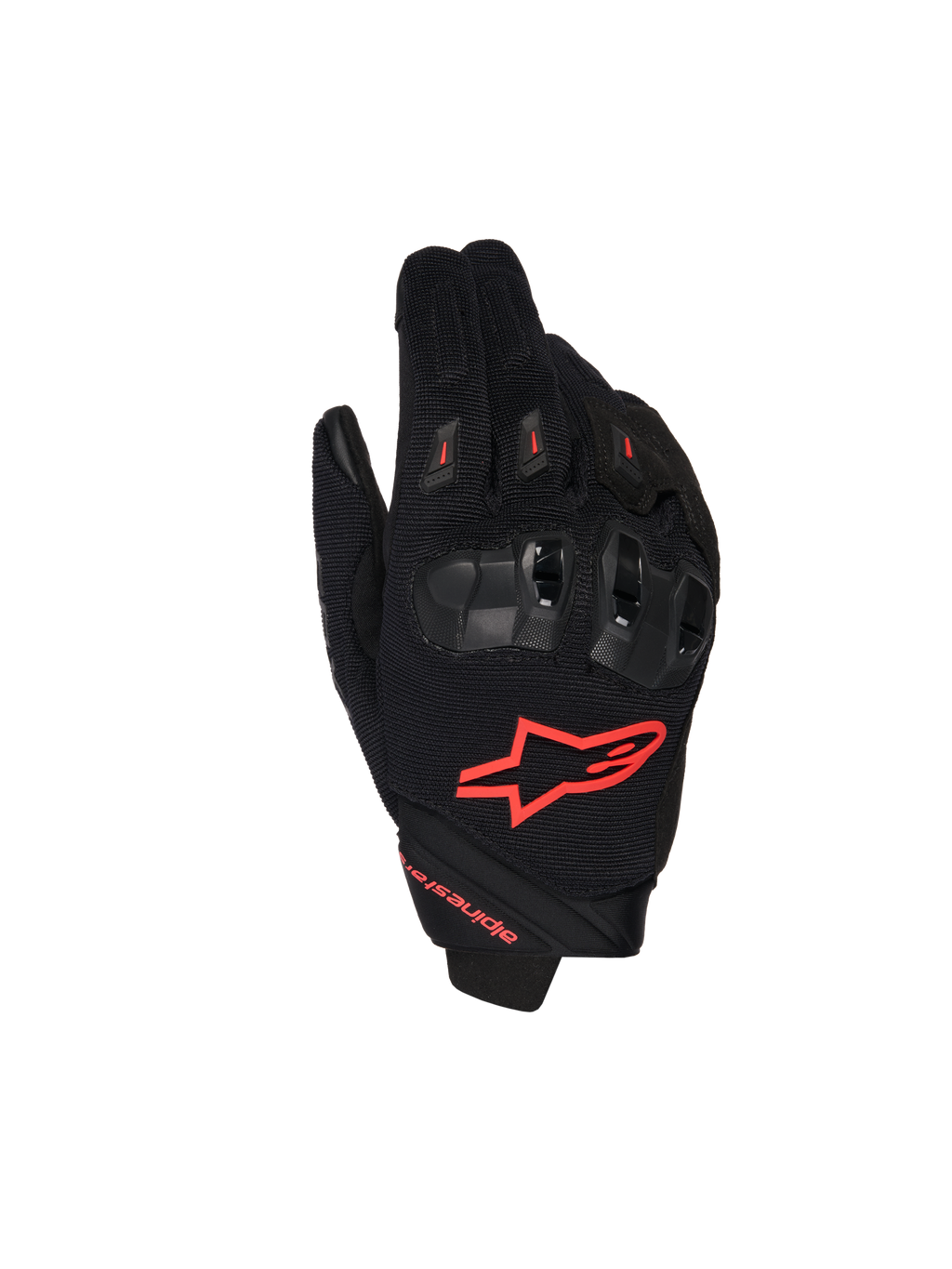 Rękawice Alpinestars SP X 1, motocyklowe rękawice wyścigowe, czarne z jaskrawoczerwonymi akcentami, czerwone logo na wierzchu dłoni, ergonomiczne czarne ochraniacze kostek, konstrukcja z siatki tekstylnej i krótki mankiet do jazdy sportowej