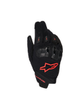 Rękawice Alpinestars SP X 1, motocyklowe rękawice wyścigowe, czarne z jaskrawoczerwonymi akcentami, czerwone logo na wierzchu dłoni, ergonomiczne czarne ochraniacze kostek, konstrukcja z siatki tekstylnej i krótki mankiet do jazdy sportowej