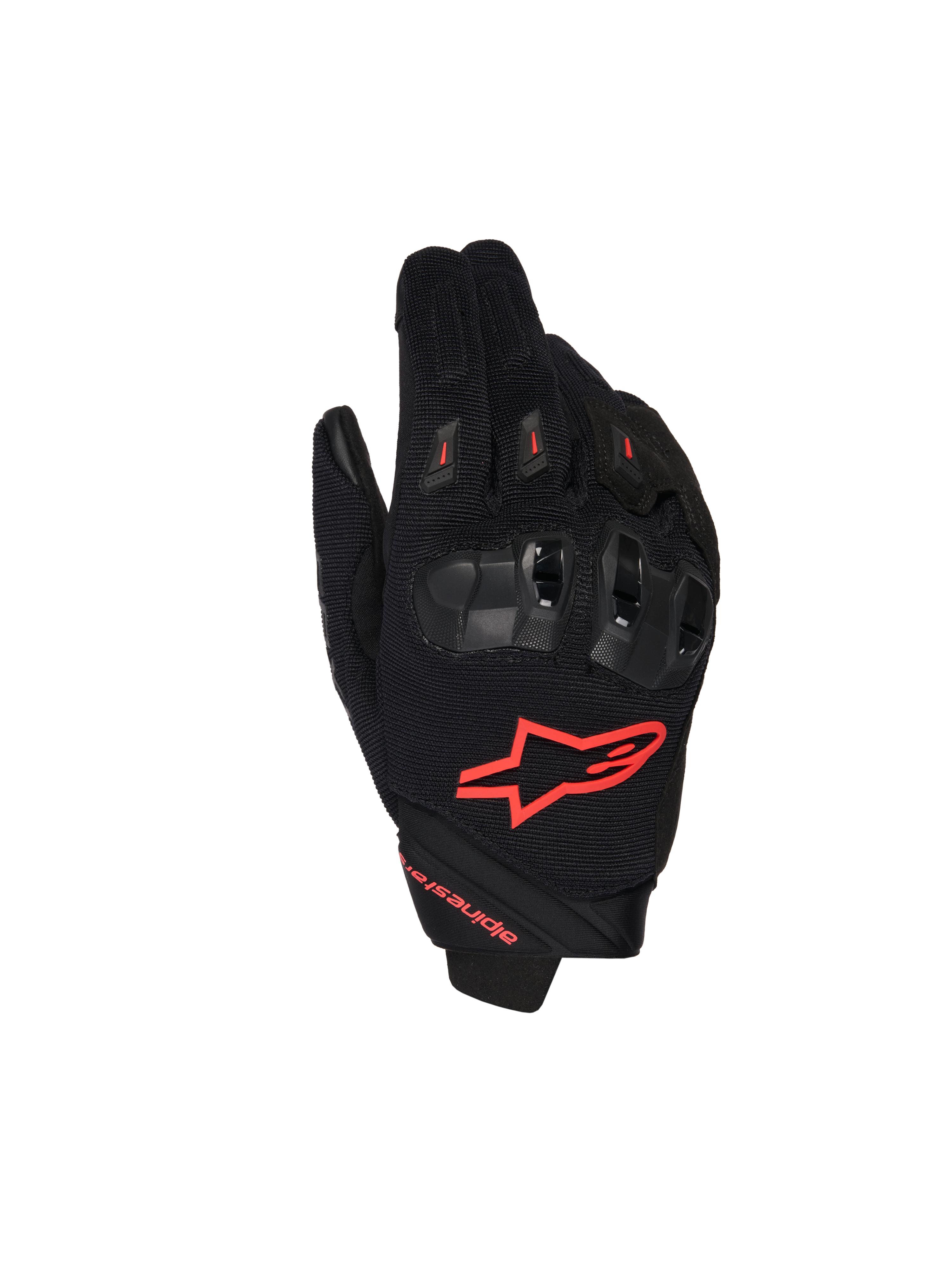 Rękawice Alpinestars SP X 1, motocyklowe rękawice wyścigowe, czarne z jaskrawoczerwonymi akcentami, czerwone logo na wierzchu dłoni, ergonomiczne czarne ochraniacze kostek, konstrukcja z siatki tekstylnej i krótki mankiet do jazdy sportowej