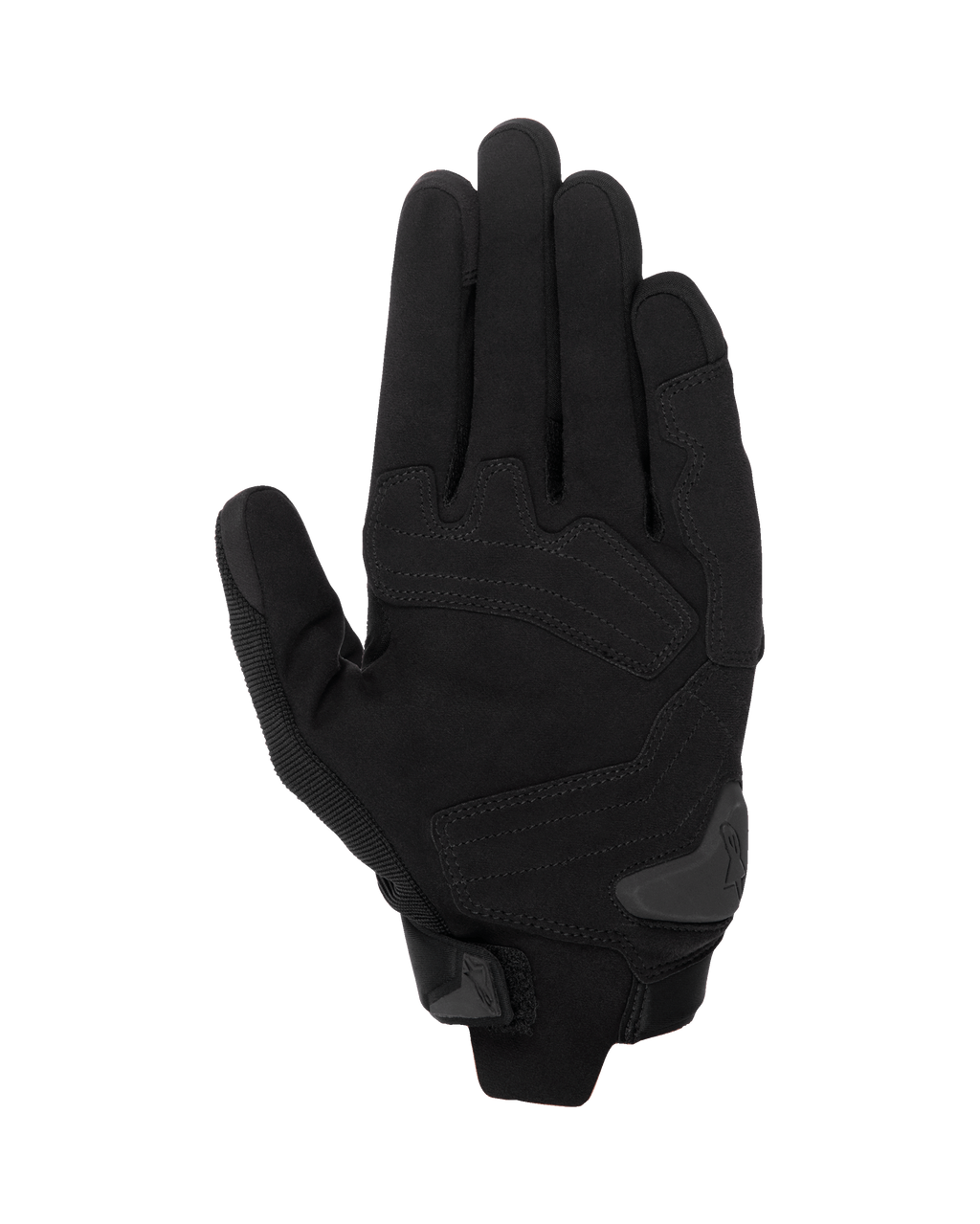 Alpinestars SP X 1 Gloves, czarne rękawice motocyklowe, widok od strony dłoni przedstawiający konstrukcję ze skóry syntetycznej ze wzmocnionymi strefami uderzenia, ślizgacz dłoni TPR i kompaktowe zapięcie mankietu.