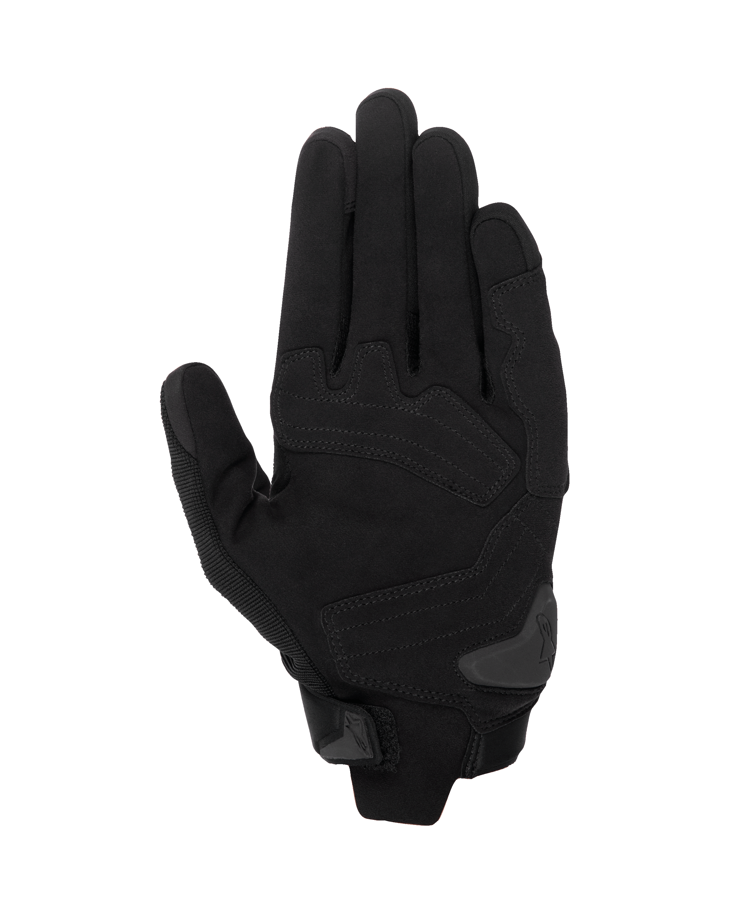 Alpinestars SP X 1 Gloves, czarne rękawice motocyklowe, widok od strony dłoni przedstawiający konstrukcję ze skóry syntetycznej ze wzmocnionymi strefami uderzenia, ślizgacz dłoni TPR i kompaktowe zapięcie mankietu.