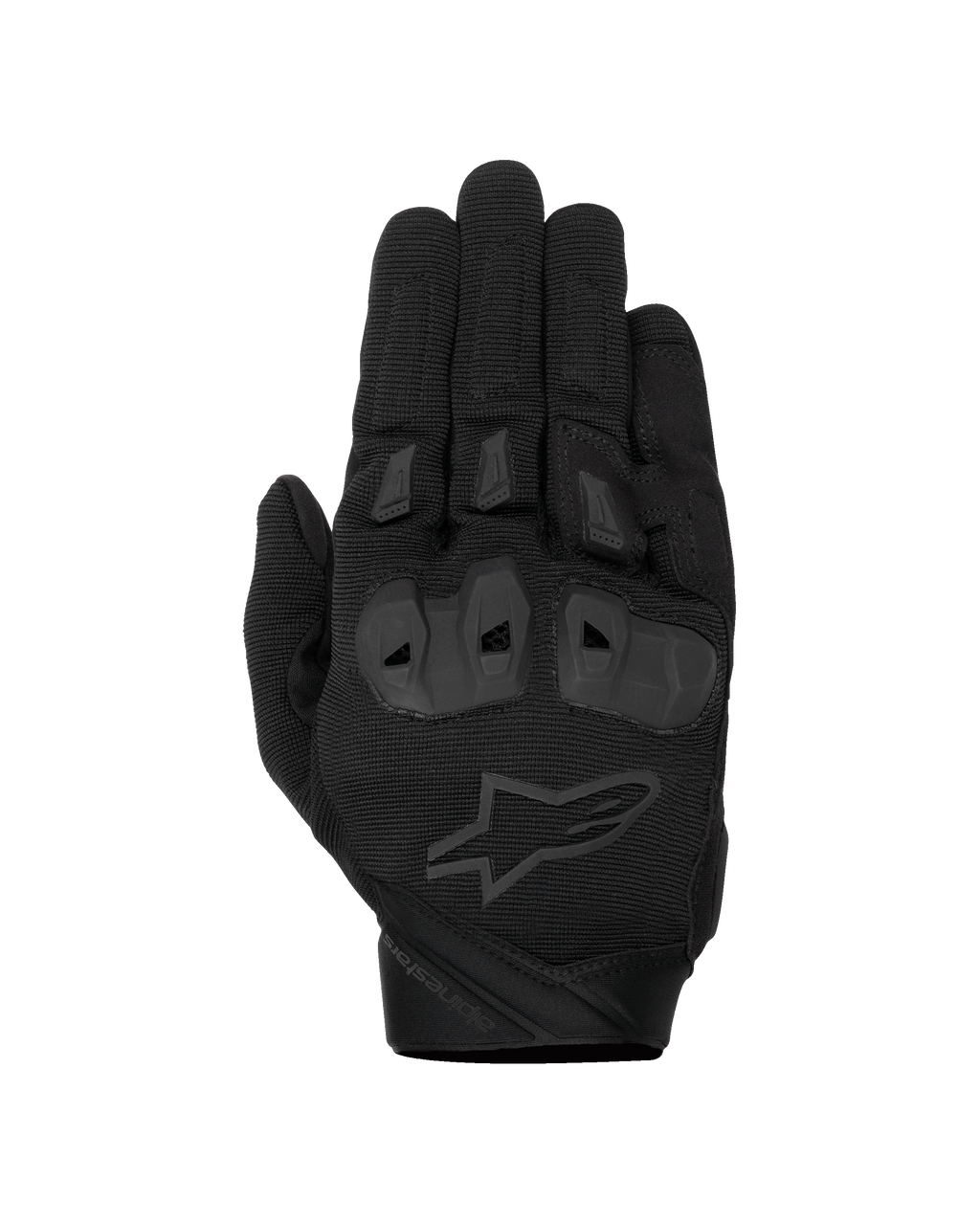 Alpinestars SP X 1 Gloves, czarne wyścigowe rękawice motocyklowe, wierzch dłoni z teksturowanej elastycznej tkaniny, czarne logo z gwiazdą, zintegrowane ochraniacze kostek TPR i slidery na palcach, trwała sportowa konstrukcja