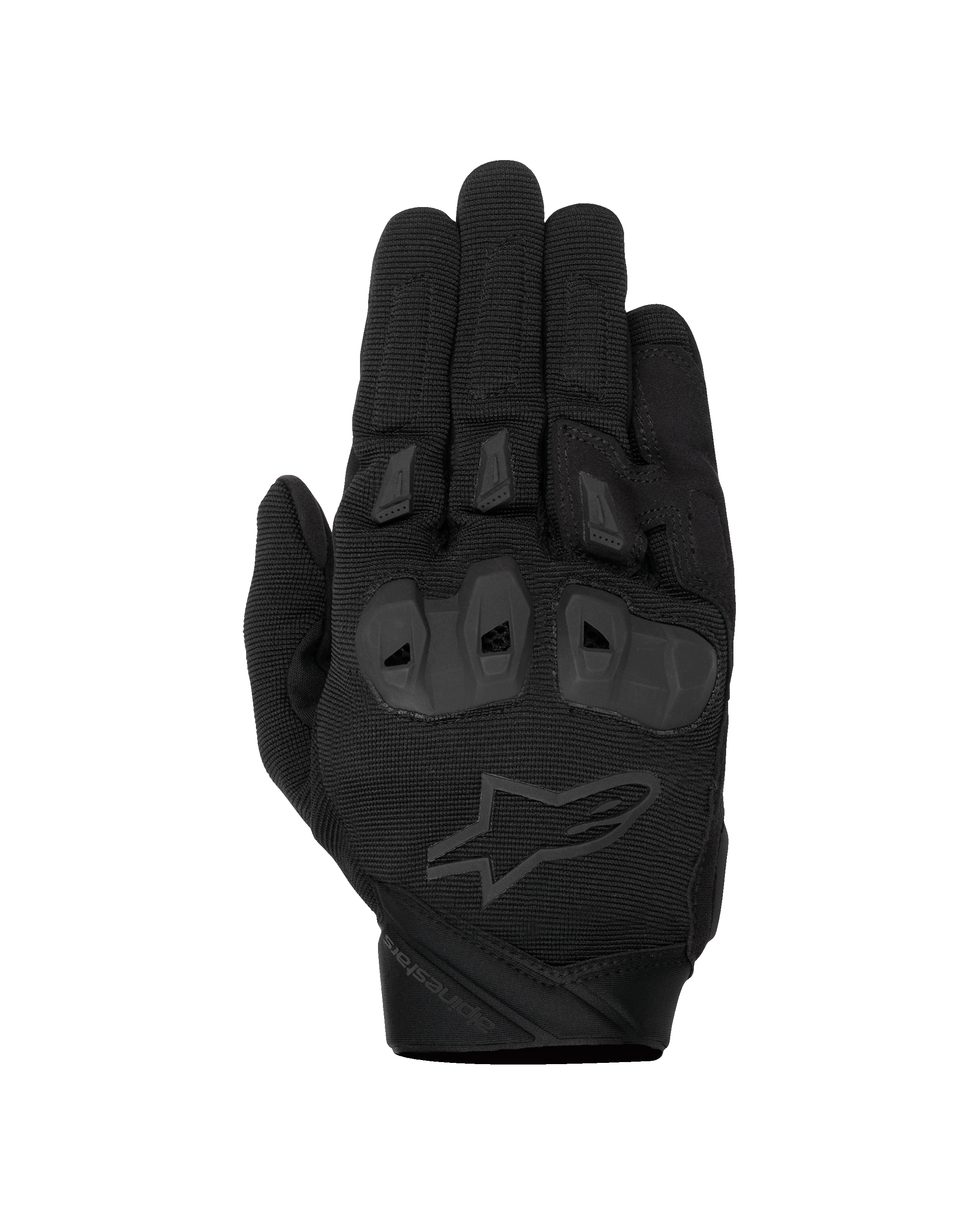 Alpinestars SP X 1 Gloves, czarne wyścigowe rękawice motocyklowe, wierzch dłoni z teksturowanej elastycznej tkaniny, czarne logo z gwiazdą, zintegrowane ochraniacze kostek TPR i slidery na palcach, trwała sportowa konstrukcja