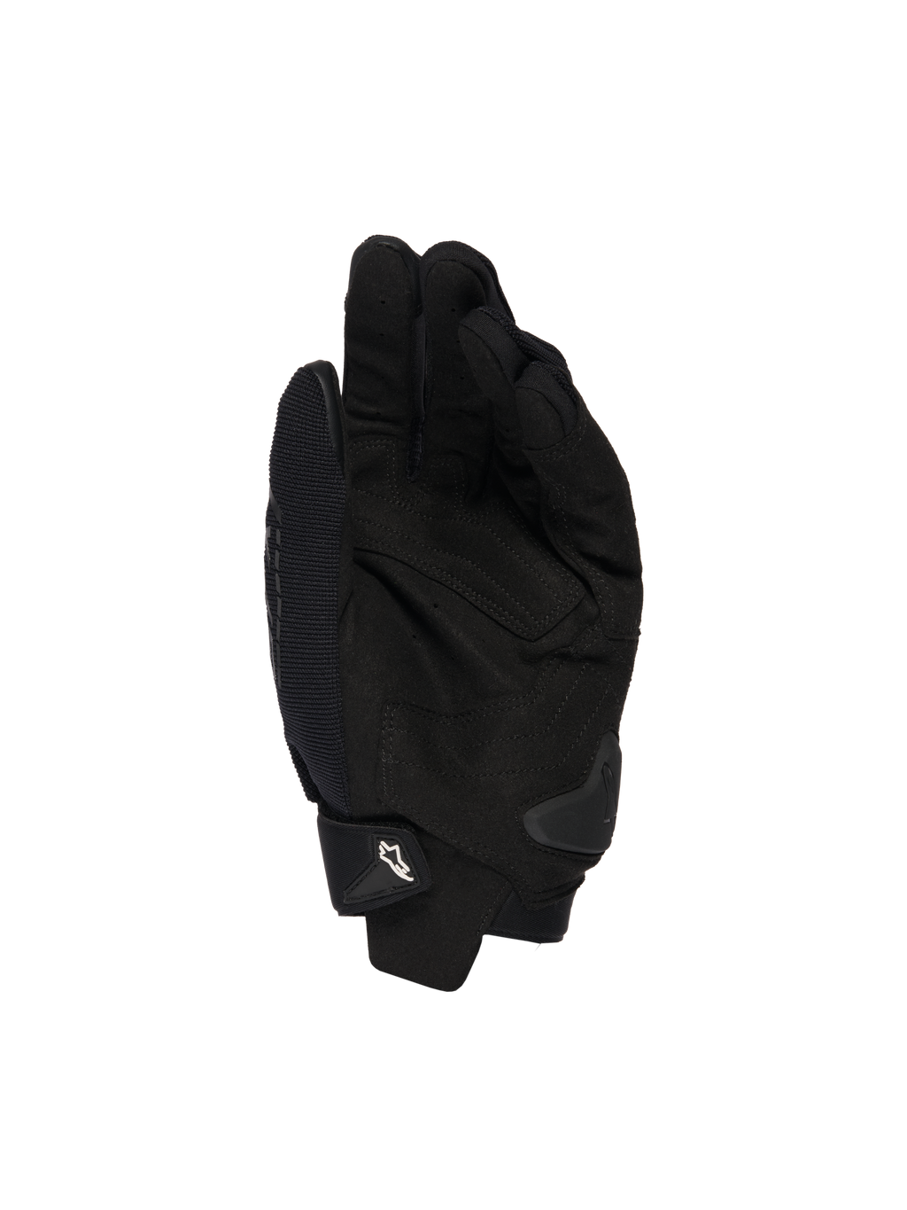 Alpinestars SP X 1 Gloves, czarne, widok od strony dłoni prezentujący konstrukcję ze skóry syntetycznej dla przyczepności, slider dłoni TPR dla ochrony przed uderzeniami, regulowany mankiet z białym logo Alpinestars, sportowy sprzęt motocyklowy