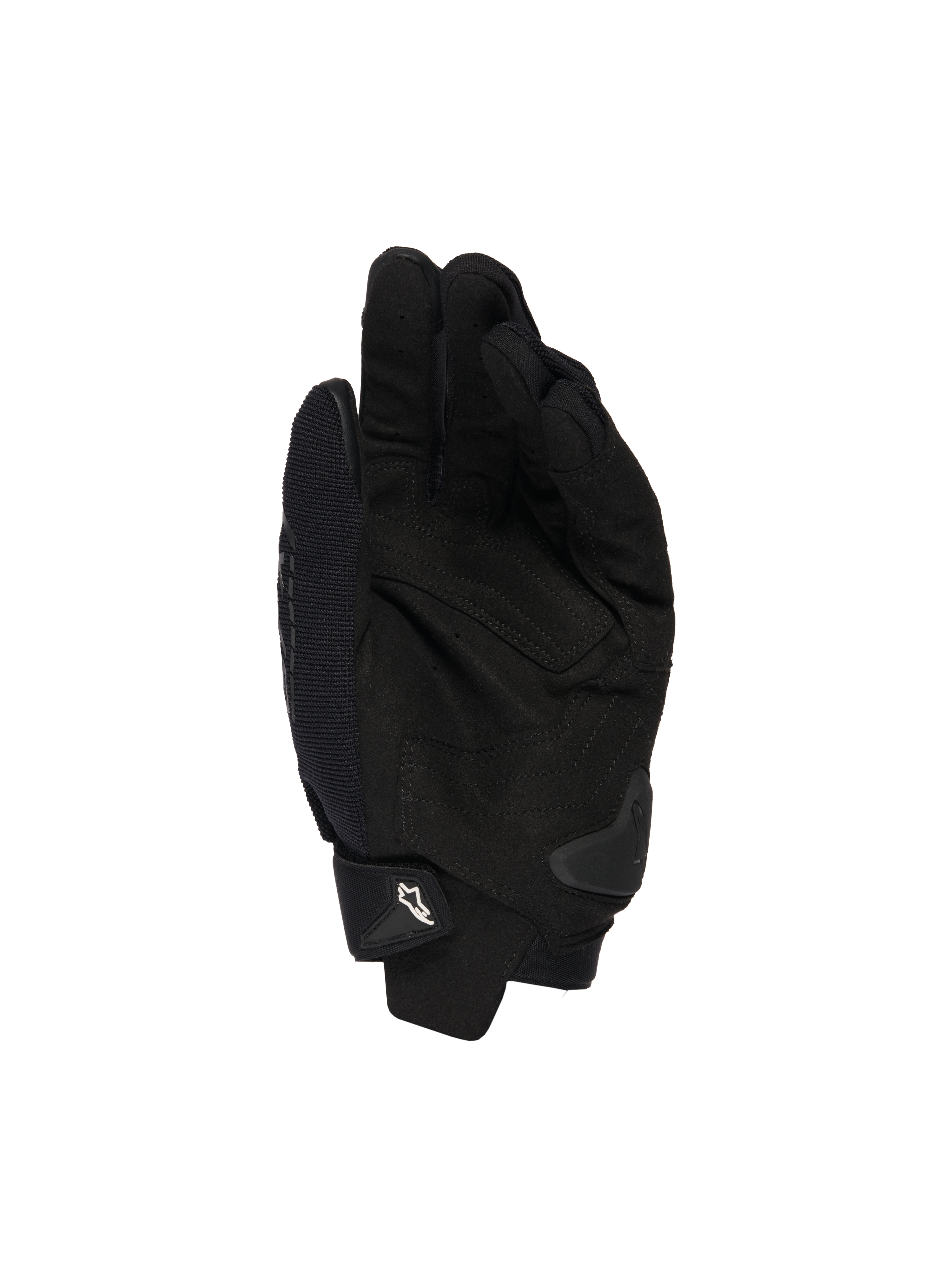 Alpinestars SP X 1 Gloves, czarne, widok od strony dłoni prezentujący konstrukcję ze skóry syntetycznej dla przyczepności, slider dłoni TPR dla ochrony przed uderzeniami, regulowany mankiet z białym logo Alpinestars, sportowy sprzęt motocyklowy