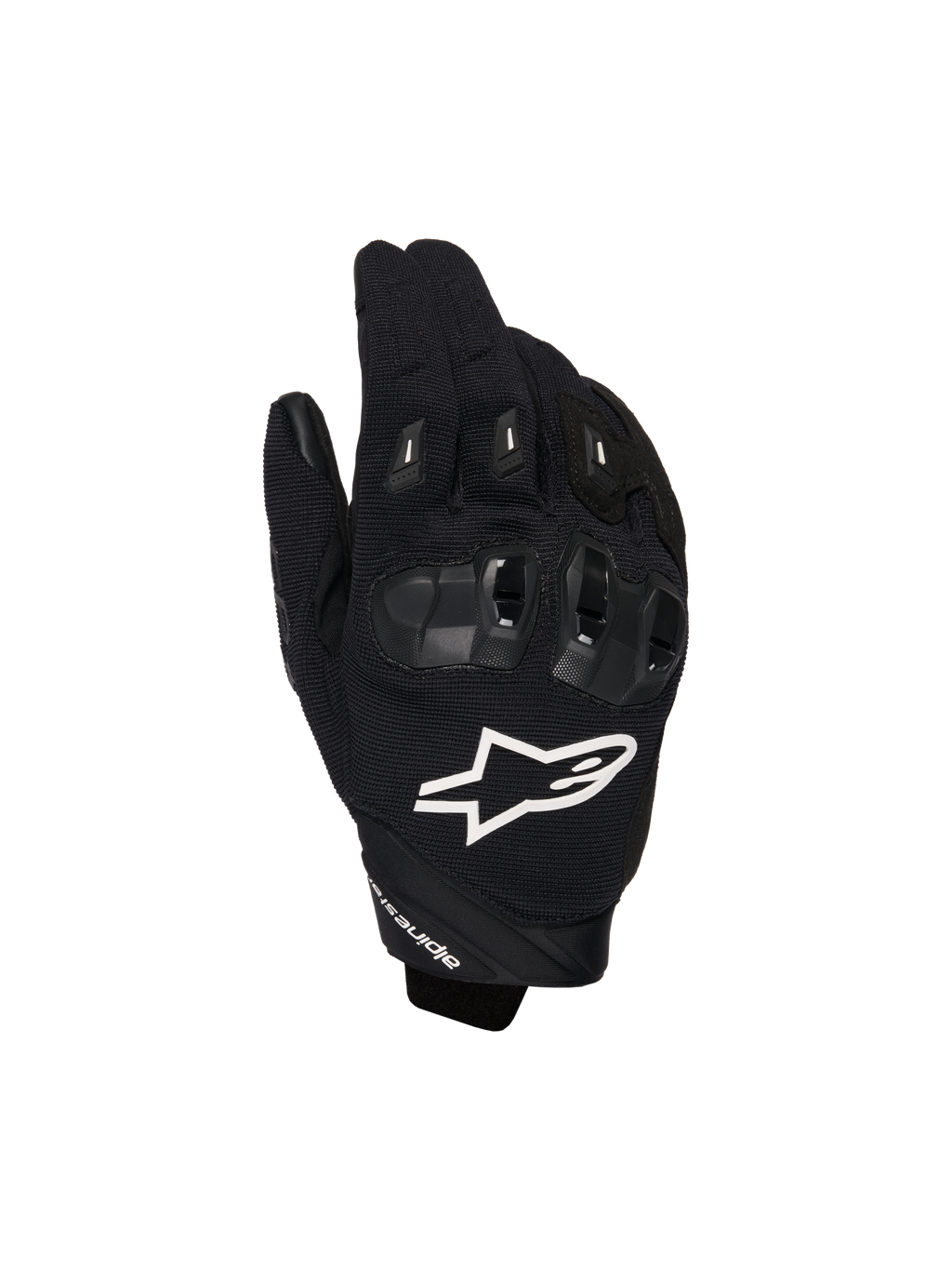 Alpinestars SP X 1 Gloves, sportowe rękawice motocyklowe, czarne z białym logo, widok z góry ukazujący ochronę kostek TPR i wentylowany materiał mesh, odzież ochronna do jazdy szosowej i sportowej