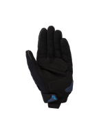Alpinestars SP X 1 Gloves, czarno-niebieskie, widok od strony dłoni przedstawiający wnętrze dłoni z syntetycznej skóry ze wzmocnionymi strefami uderzenia, niebieski slider dłoni oraz pasek na nadgarstku z niebieskim logo Alpinestars, sportowy sprzęt motocyklowy