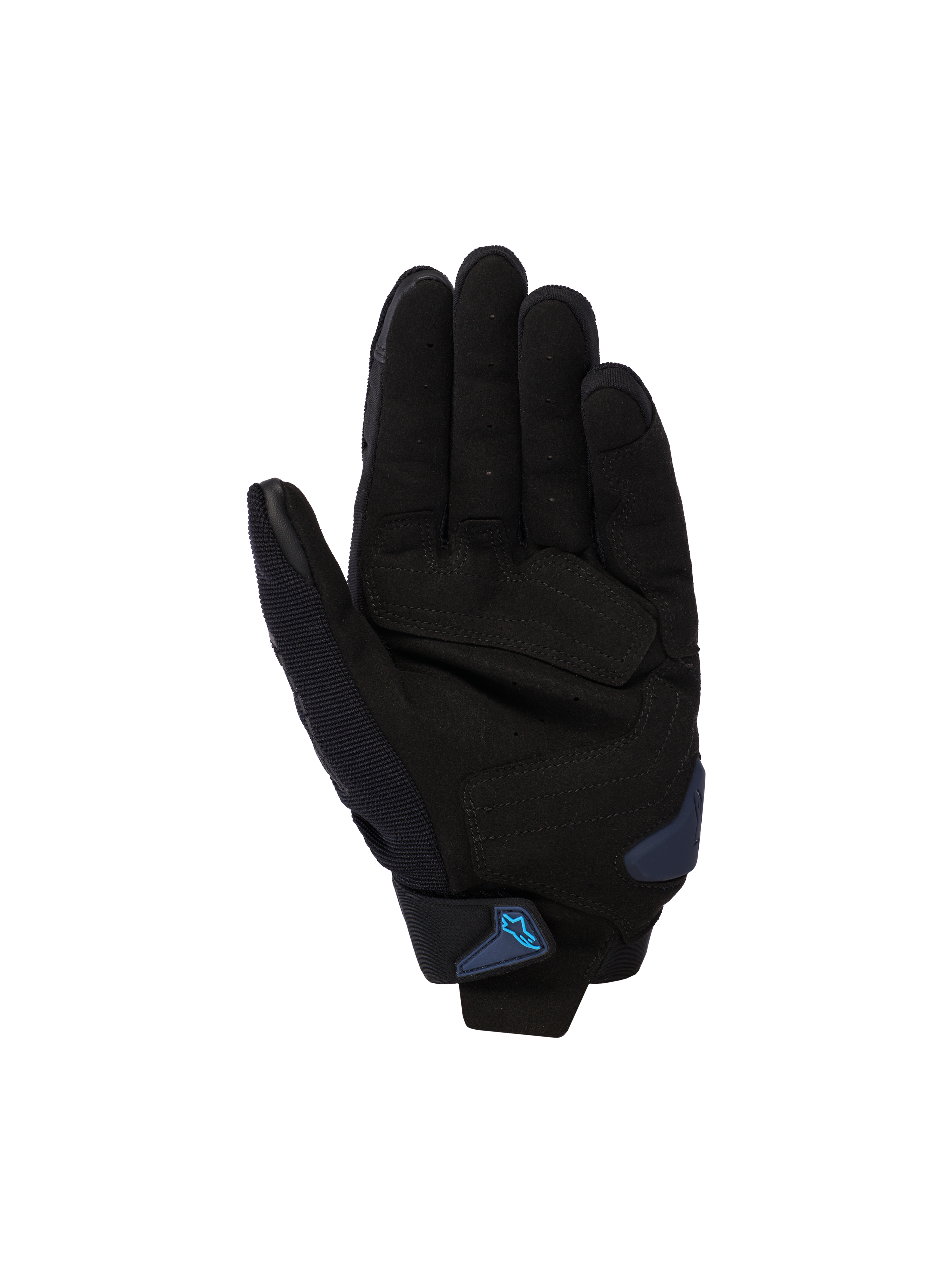 Alpinestars SP X 1 Gloves, czarno-niebieskie, widok od strony dłoni przedstawiający wnętrze dłoni z syntetycznej skóry ze wzmocnionymi strefami uderzenia, niebieski slider dłoni oraz pasek na nadgarstku z niebieskim logo Alpinestars, sportowy sprzęt motocyklowy