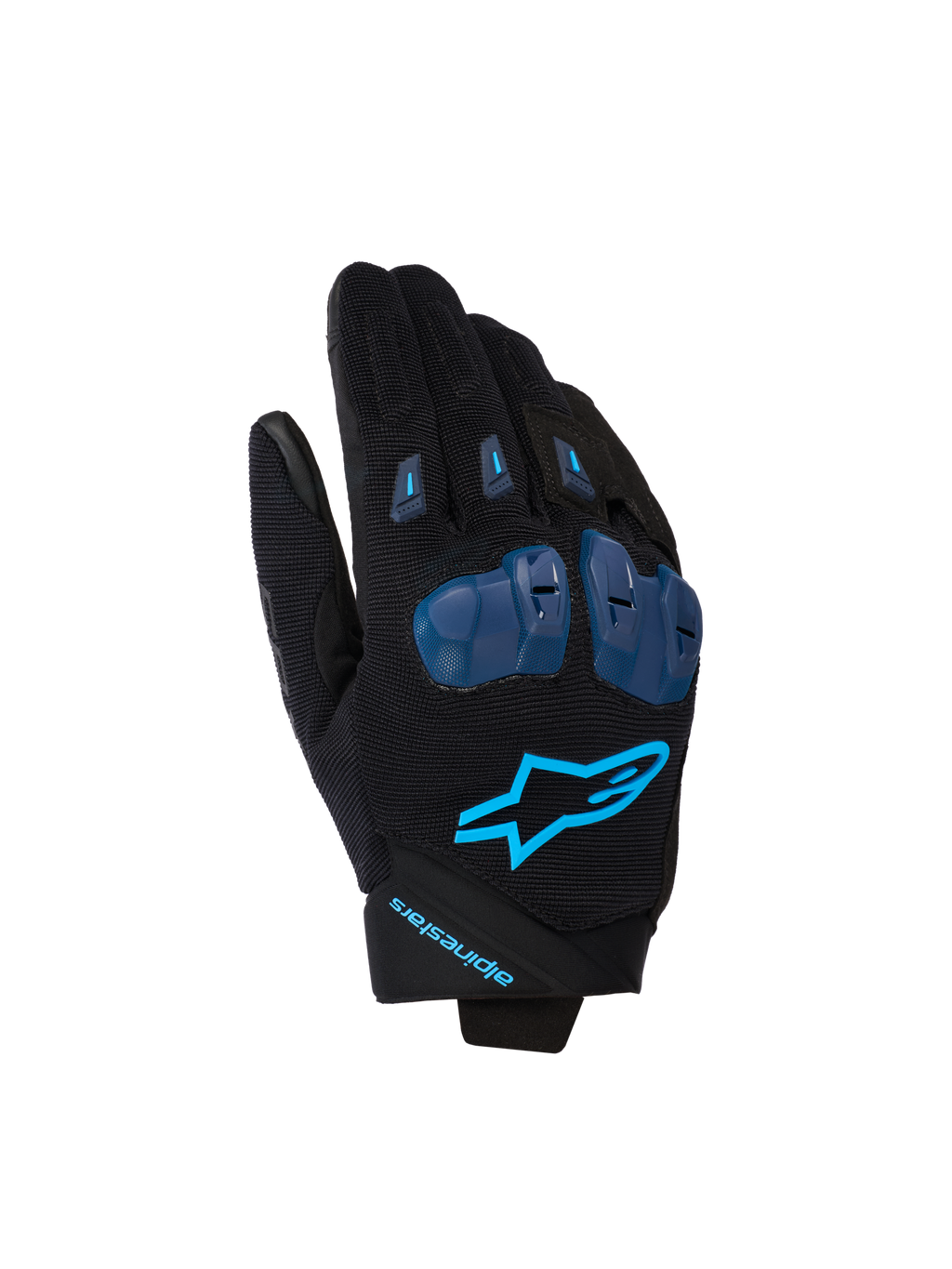 Alpinestars SP X 1, wyścigowe rękawice motocyklowe, czarne z jasnoniebieskimi akcentami, niebieskie ochraniacze kłykci TPR, jaskrawoniebieskie logo gwiazdy na wierzchu dłoni, konstrukcja z elastycznej tkaniny, smukły sportowy design