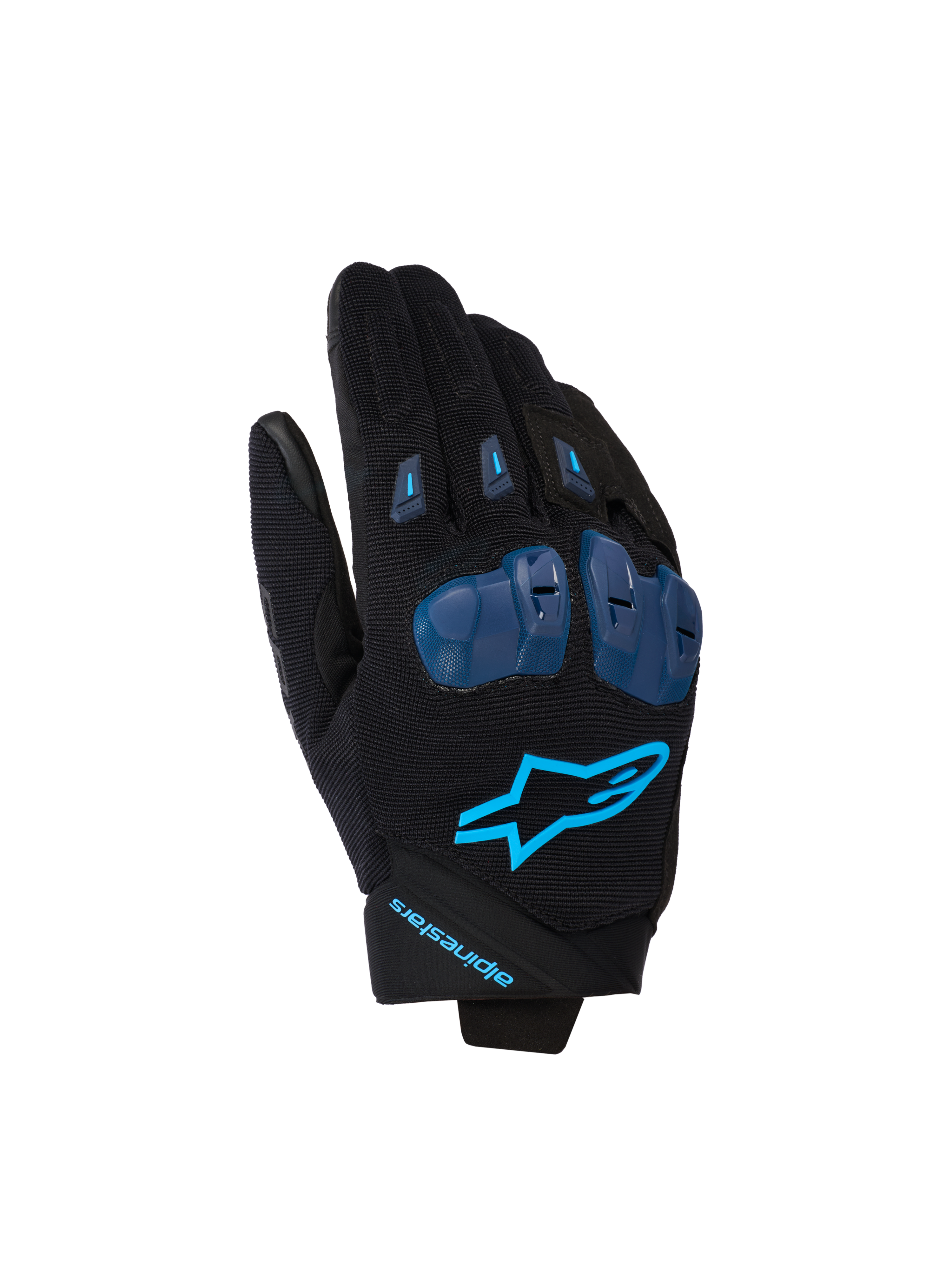 Alpinestars SP X 1, wyścigowe rękawice motocyklowe, czarne z jasnoniebieskimi akcentami, niebieskie ochraniacze kłykci TPR, jaskrawoniebieskie logo gwiazdy na wierzchu dłoni, konstrukcja z elastycznej tkaniny, smukły sportowy design