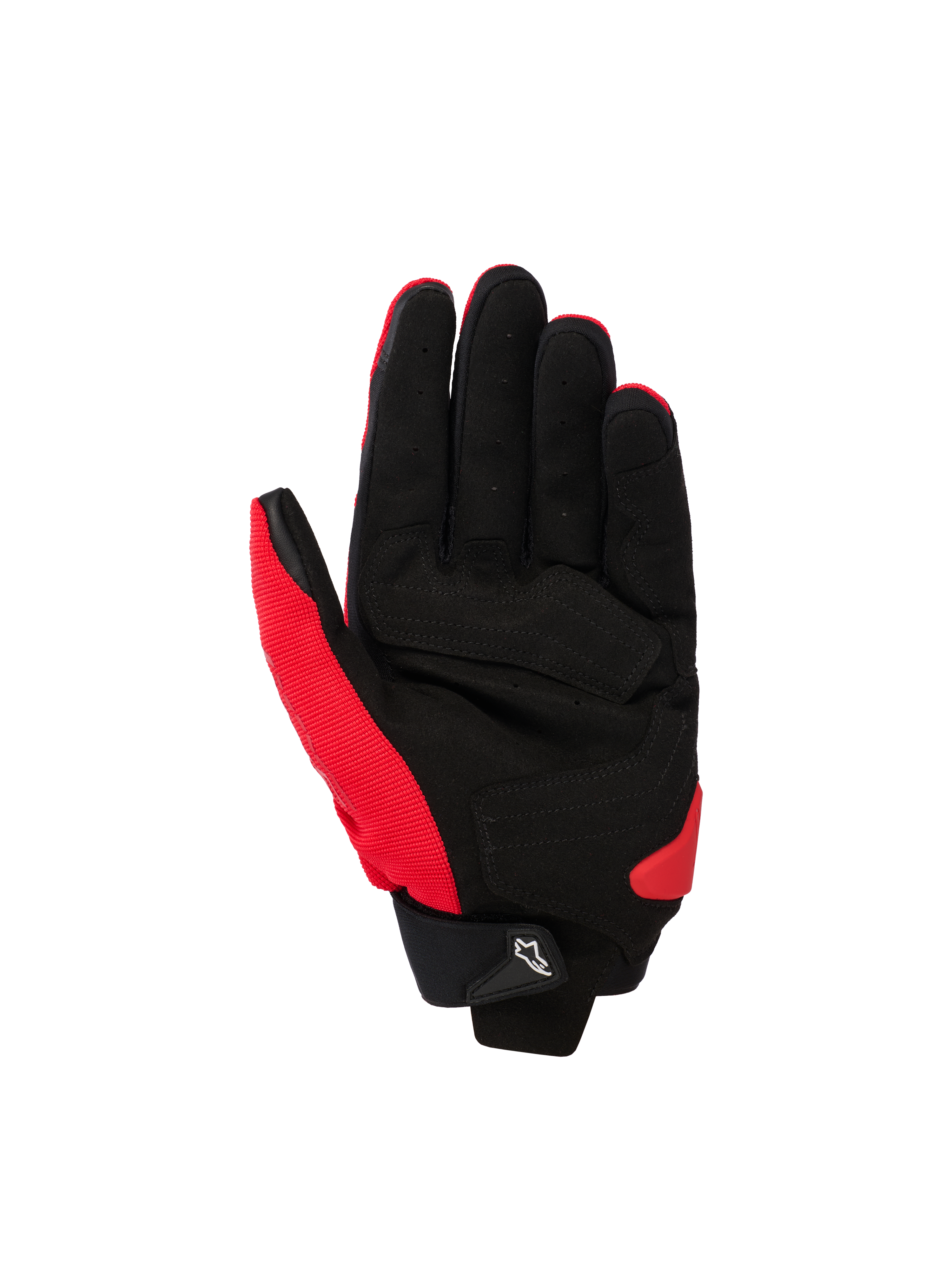 Rękawice Alpinestars SP X 1, sportowe rękawice motocyklowe, czerwono-czarne, widok od strony dłoni ukazujący spód z syntetycznej skóry ze wzmocnionymi strefami, czerwona elastyczna tkanina z boku i na kciuku, czarny mankiet z małym białym uchwytem z logo Astars i czerwony slider dłoni z TPR