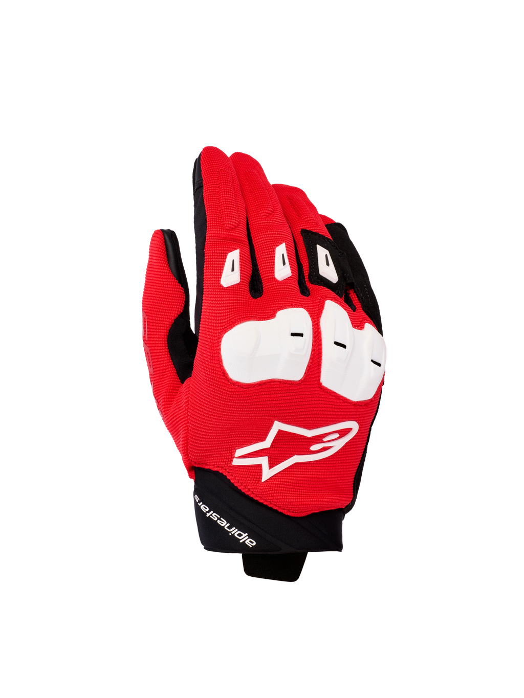 Alpinestars SP X 1 Gloves, sportowe rękawice motocyklowe, jaskrawoczerwone, czarne i białe, białe ochraniacze kostek TPR, teksturowany czerwony wierzch dłoni z białym logo Astars i krótki czarny mankiet, profesjonalna odzież motocyklowa