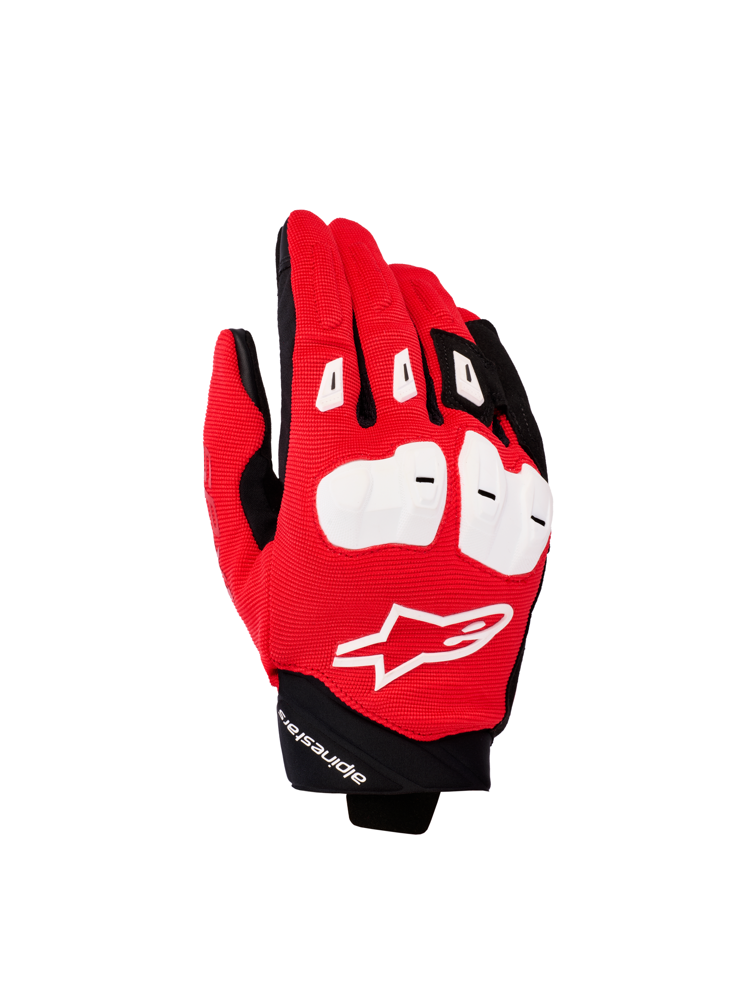Alpinestars SP X 1 Gloves, sportowe rękawice motocyklowe, jaskrawoczerwone, czarne i białe, białe ochraniacze kostek TPR, teksturowany czerwony wierzch dłoni z białym logo Astars i krótki czarny mankiet, profesjonalna odzież motocyklowa