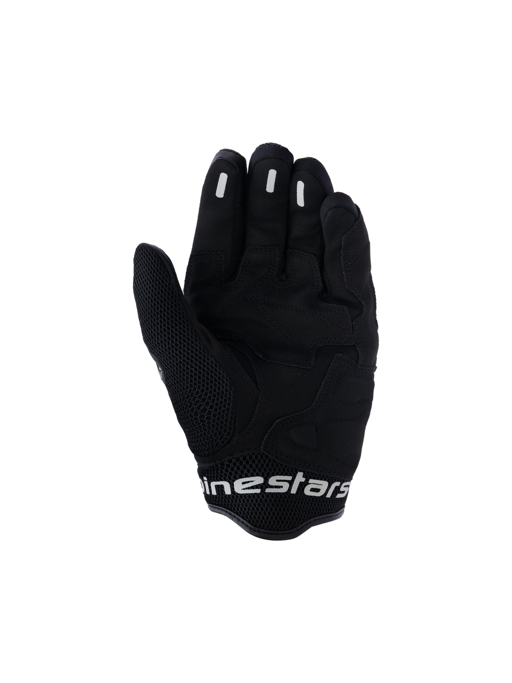 Alpinestars Mogress Airflow Gloves, miejskie rękawice motocyklowe, Anthracite Black, widok od strony dłoni ze wzmocnieniami syntetycznymi i strefami siatki 3D, silikonowe wstawki na palcach, krótki mankiet z białym logo