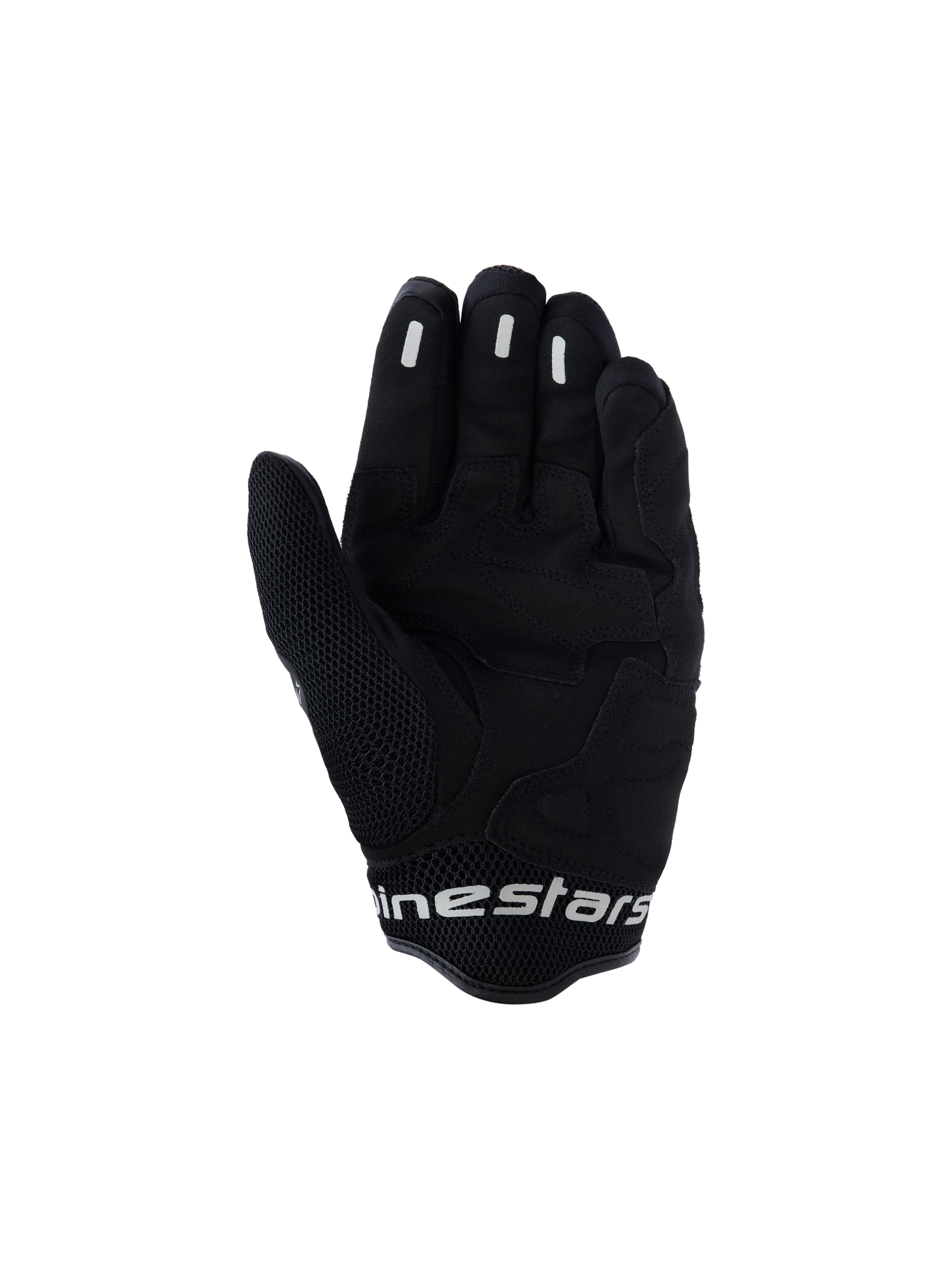 Alpinestars Mogress Airflow Gloves, miejskie rękawice motocyklowe, Anthracite Black, widok od strony dłoni ze wzmocnieniami syntetycznymi i strefami siatki 3D, silikonowe wstawki na palcach, krótki mankiet z białym logo