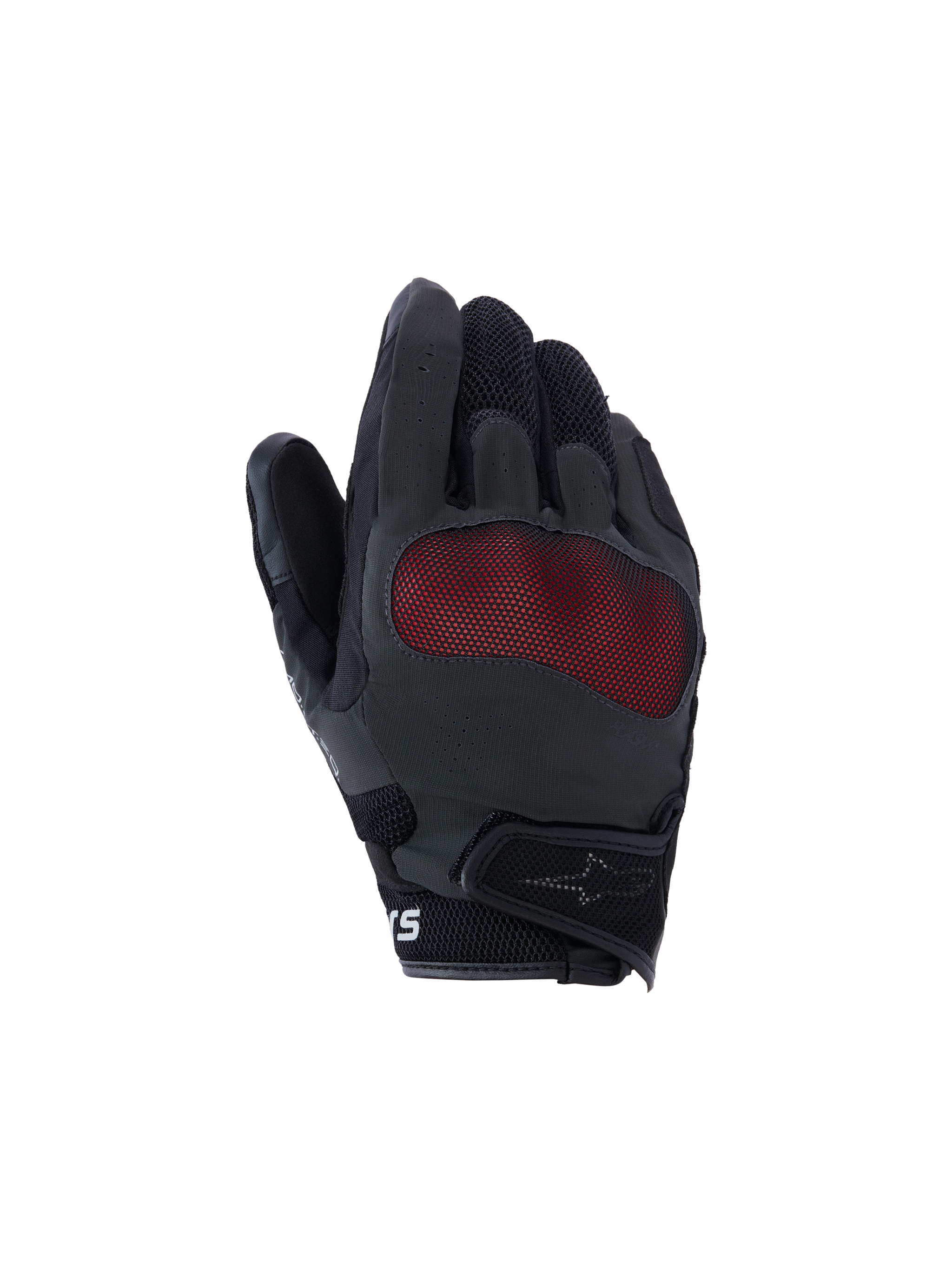 Alpinestars Mogress Airflow Gloves, rękawice motocyklowe, czarne z czerwonymi panelami mesh, wzmocnione obszary ochronne, perforacje zapewniające oddychalność, teksturowane palce dla lepszego chwytu, logo na nadgarstku