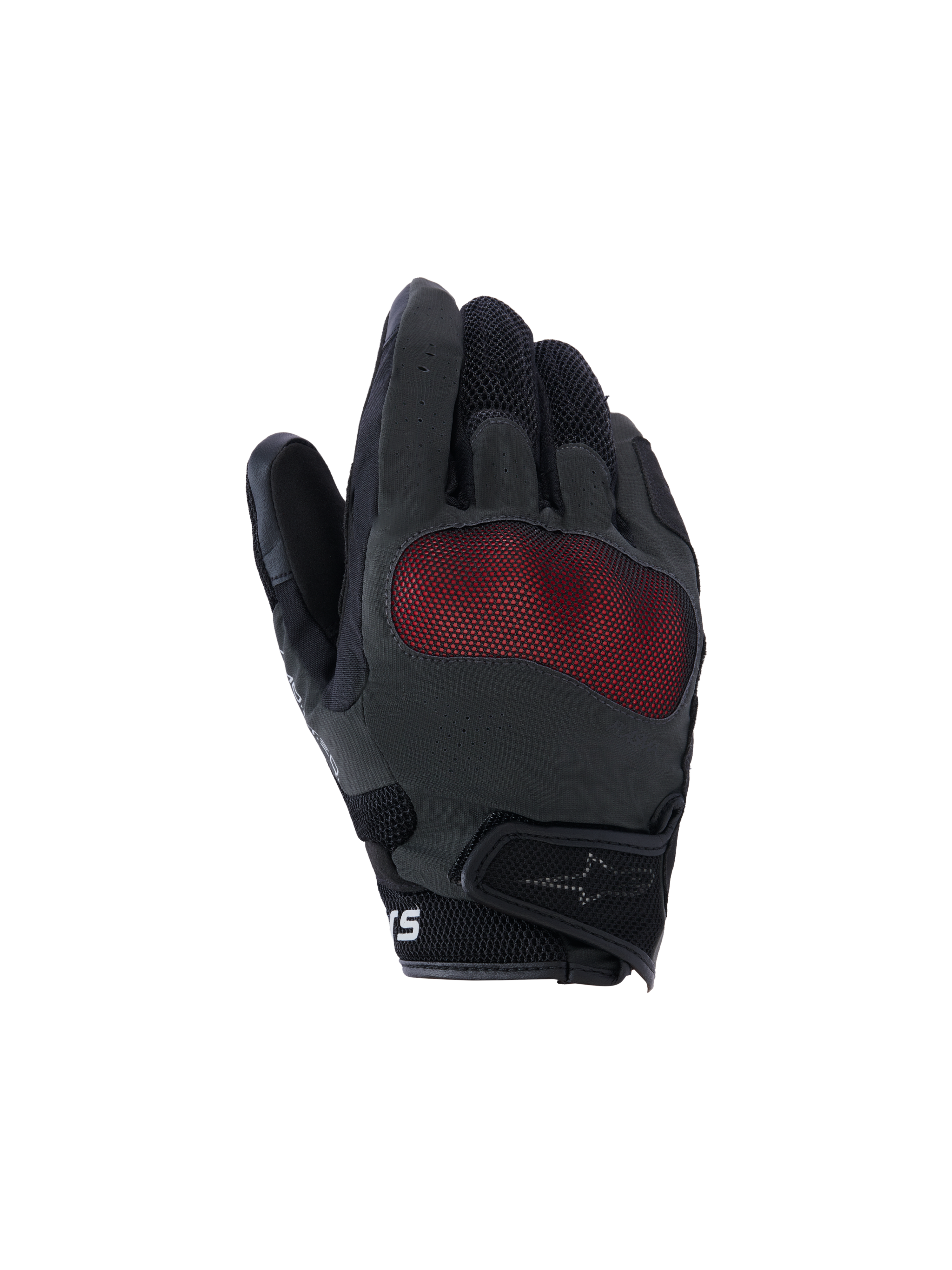 Alpinestars Mogress Airflow Gloves, rękawice motocyklowe, czarno-czerwone, widok wierzchu dłoni z czerwoną siatkową ochroną kostek, oddychające panele z siatki 3D, krótki mankiet z zapięciem na rzep, miejski styl jazdy