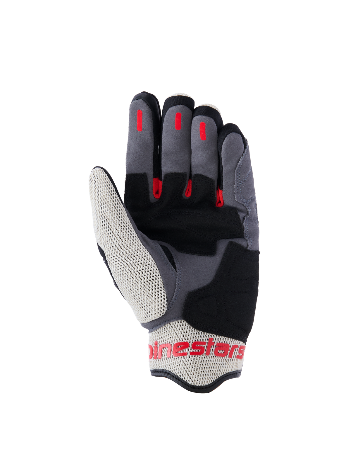 Alpinestars Mogress Airflow Gloves, miejskie rękawice motocyklowe, czarne, czerwone Flame Red i ecru, widok od strony dłoni przedstawiający wzmocnienia z syntetycznego zamszu, czerwone silikonowe wstawki na palcach oraz oddychające panele z siatki na kciuku i mankiecie.