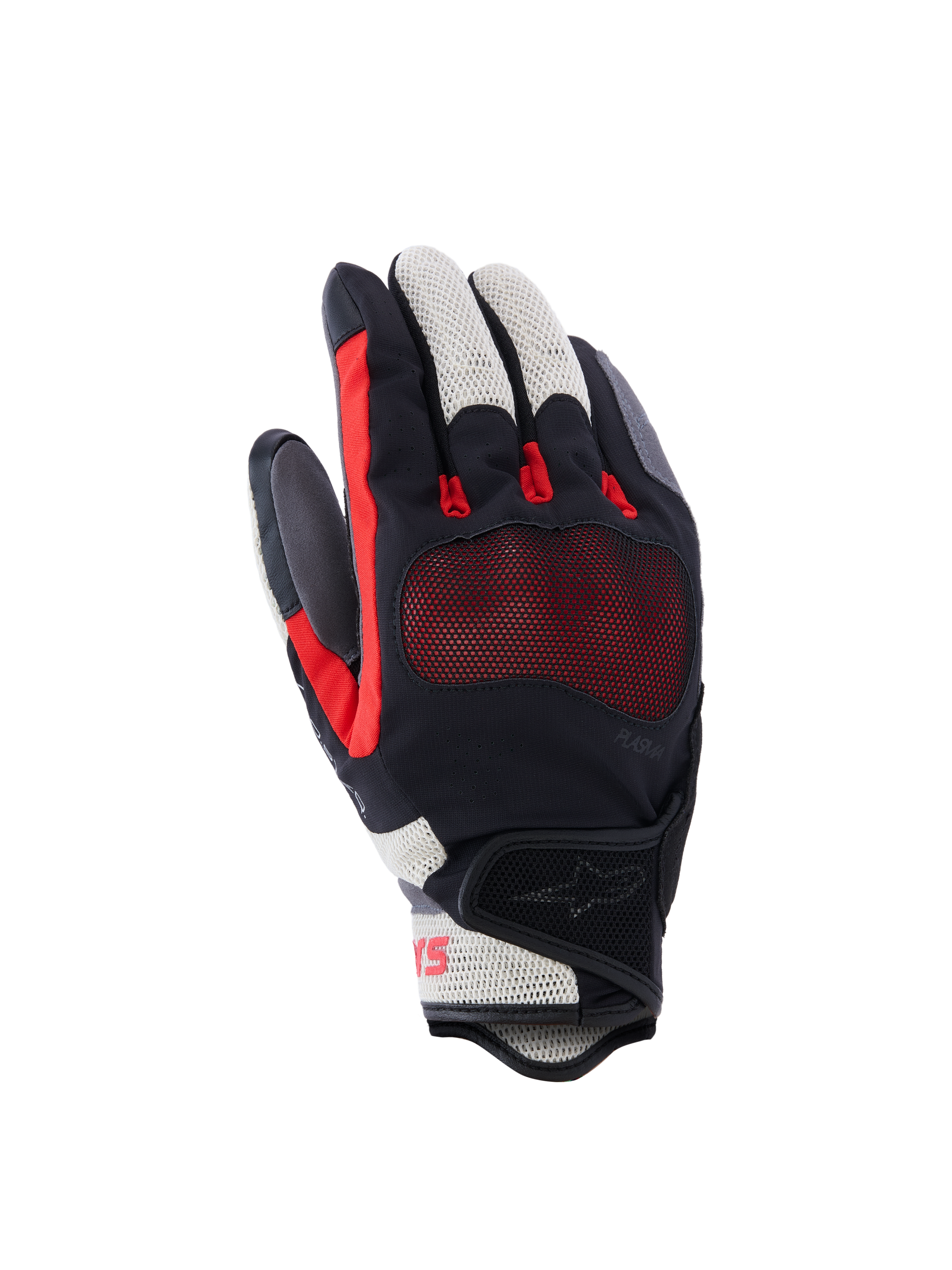 Alpinestars Mogress Airflow Gloves, Motorcycle Gloves, Black Flame Red and Ecru, featuring laser-perforated backhand with 3D mesh inserts, transparent knuckle protection, short cuff design, urban summer riding gear